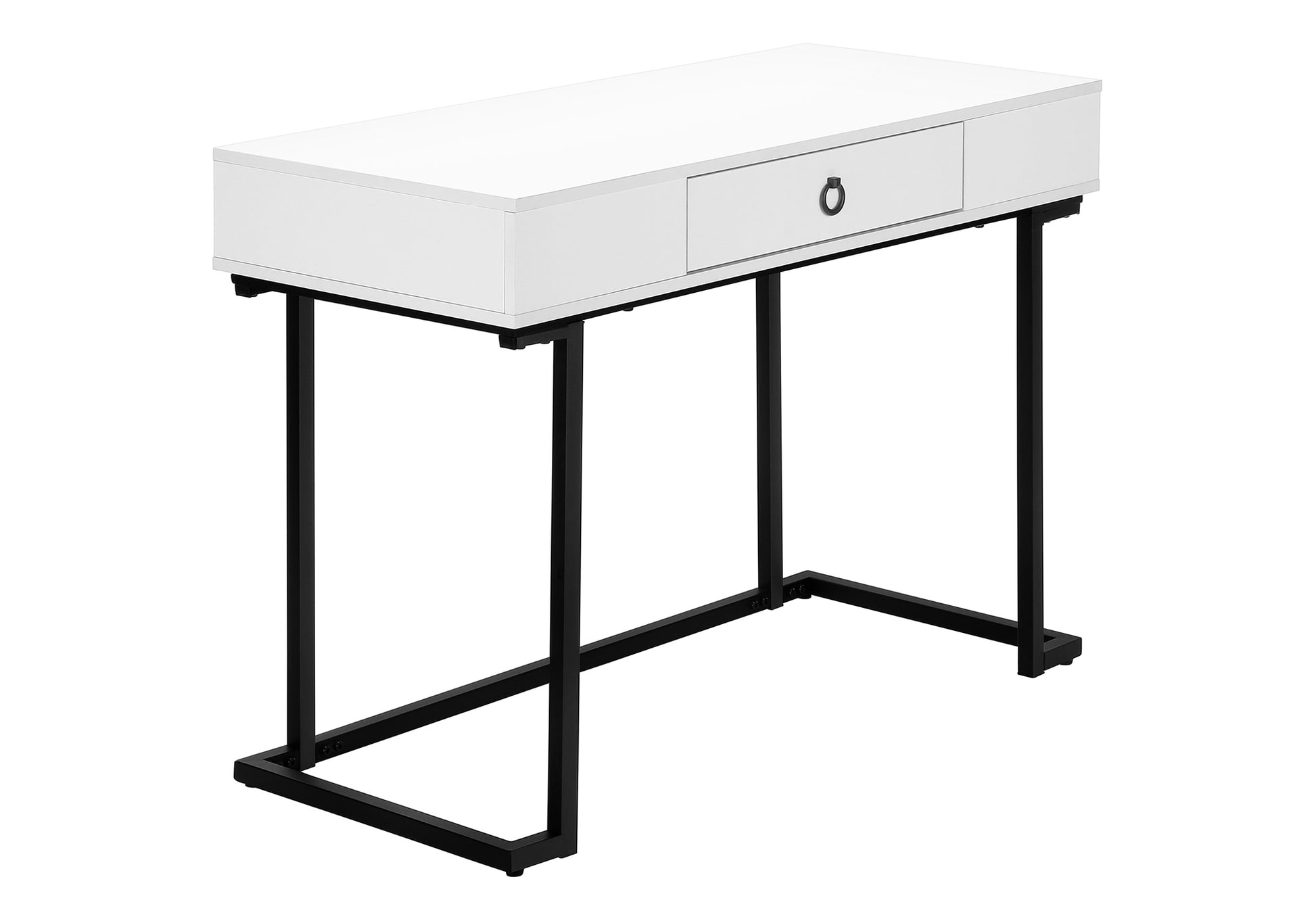 Sleek white console table with a single drawer and a black metal frame perfect for hallways