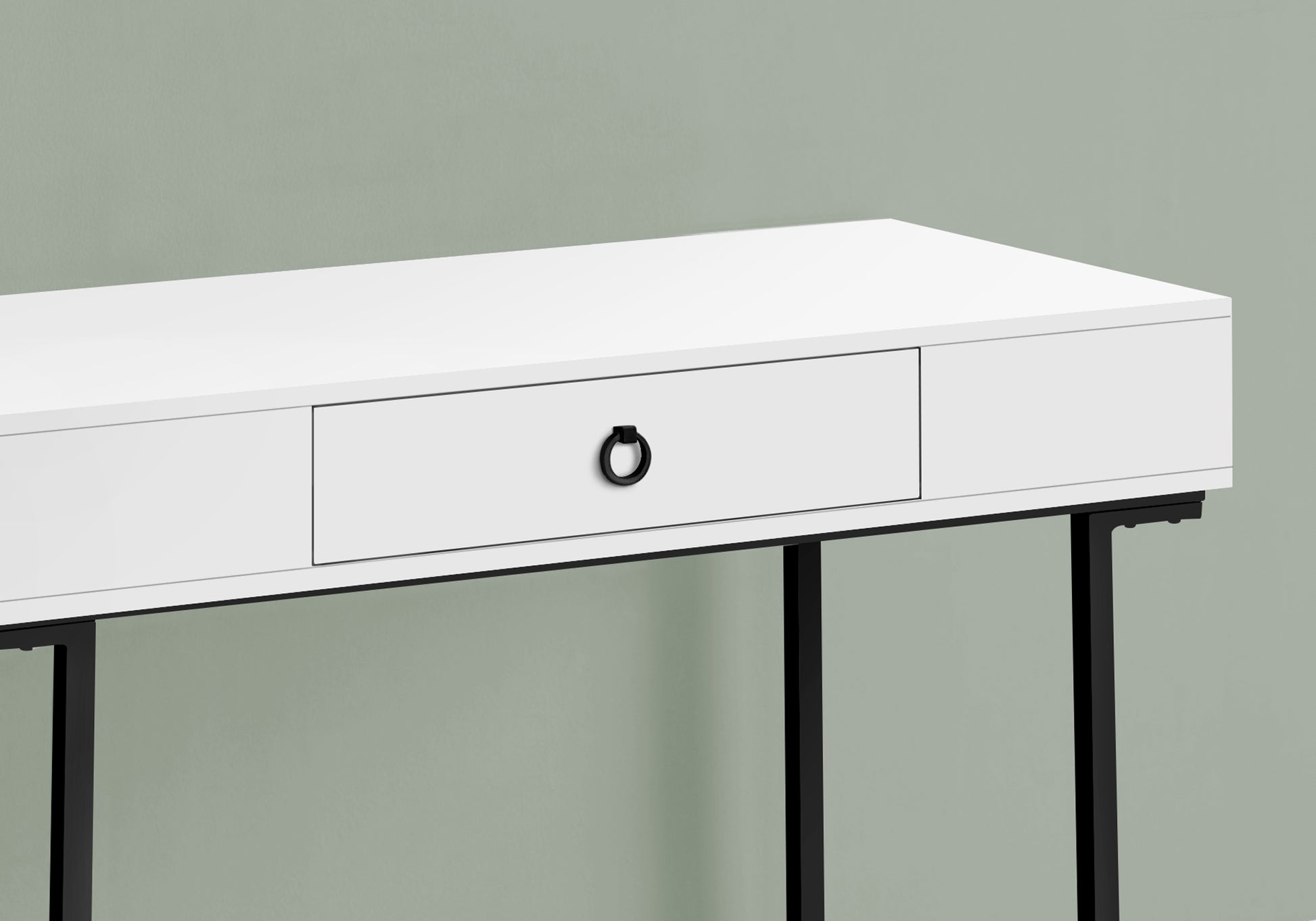 White console table with a single drawer and black ring pull perfect for entryways