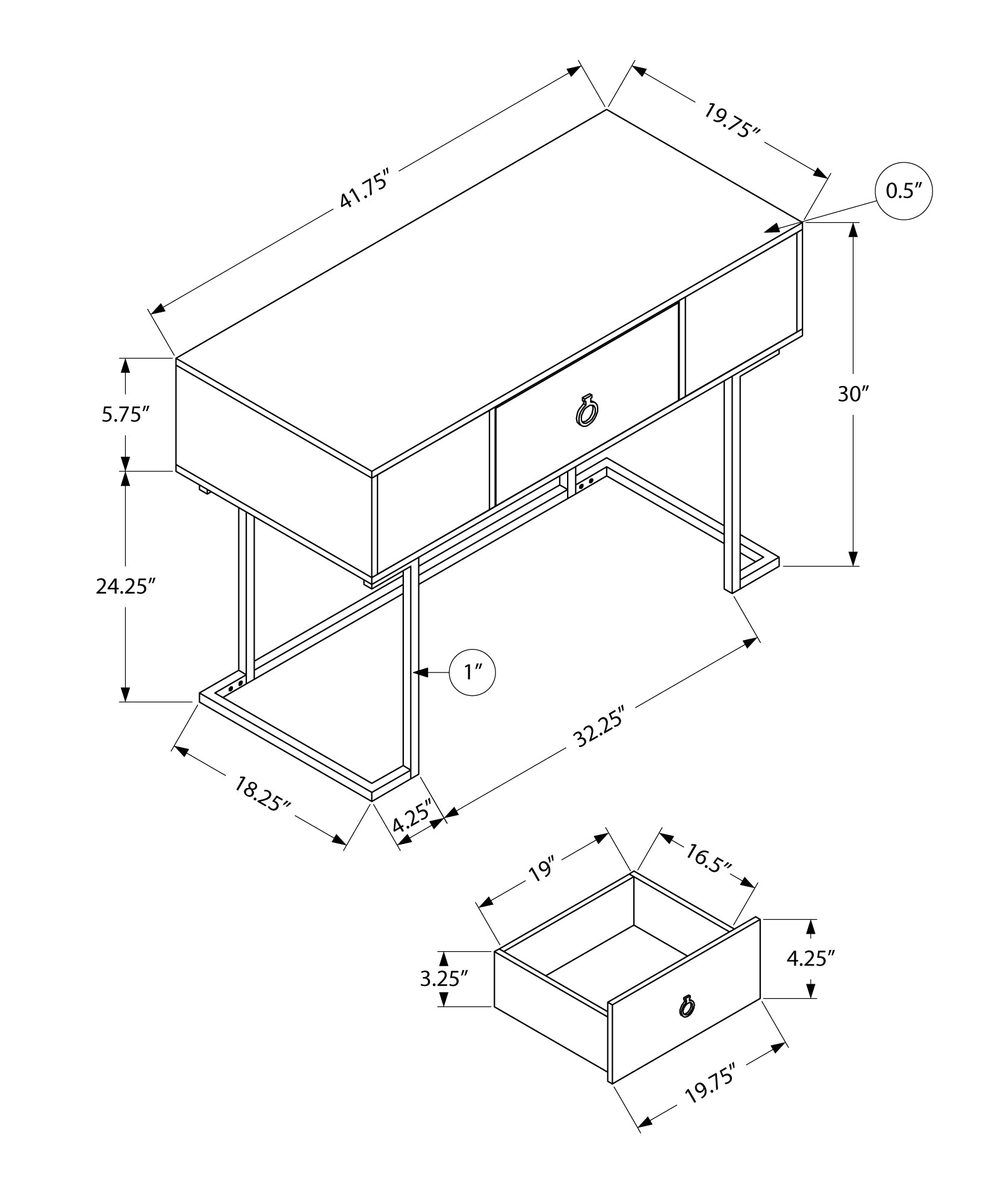 Line drawing of a modern console table with three drawers and metal legs showing dimensions