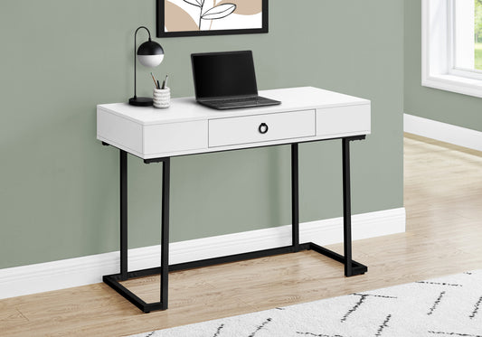 Modern white writing desk with one drawer and black metal legs laptop ready