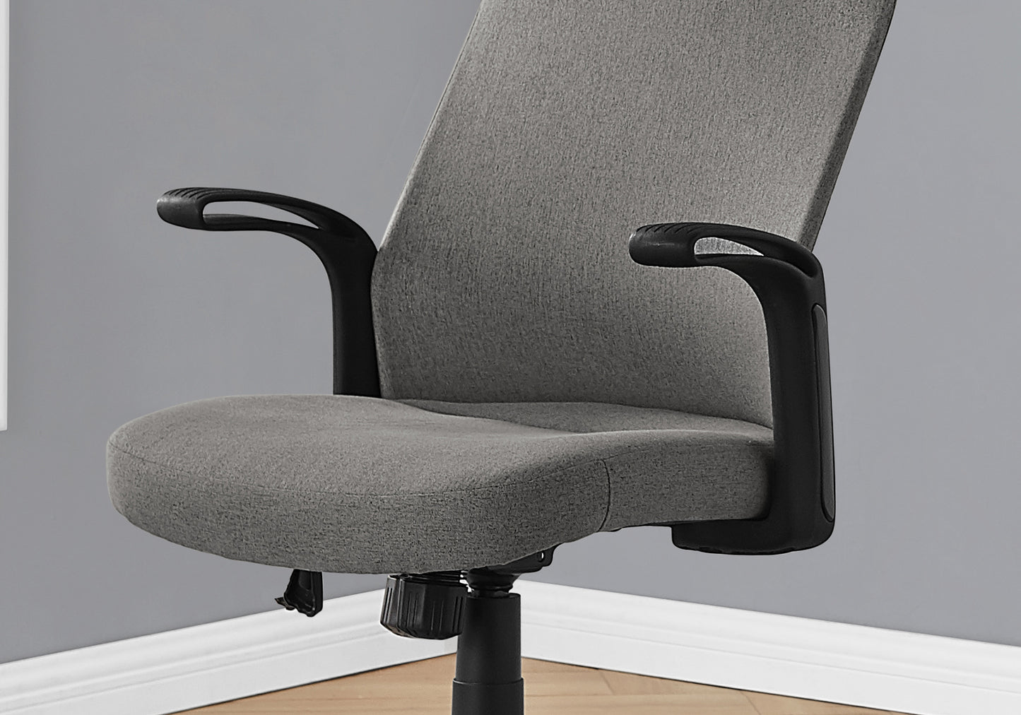 Gray fabric office chair with curved black armrests and adjustable height mechanism