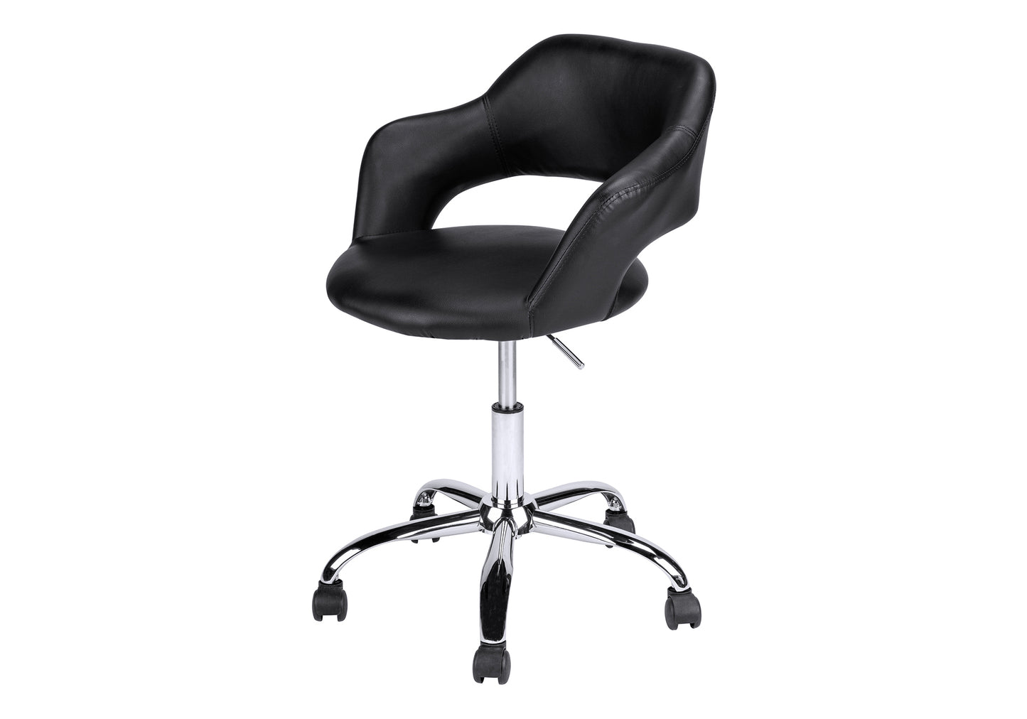 Black faux leather desk chair with chrome base and wheels for home office