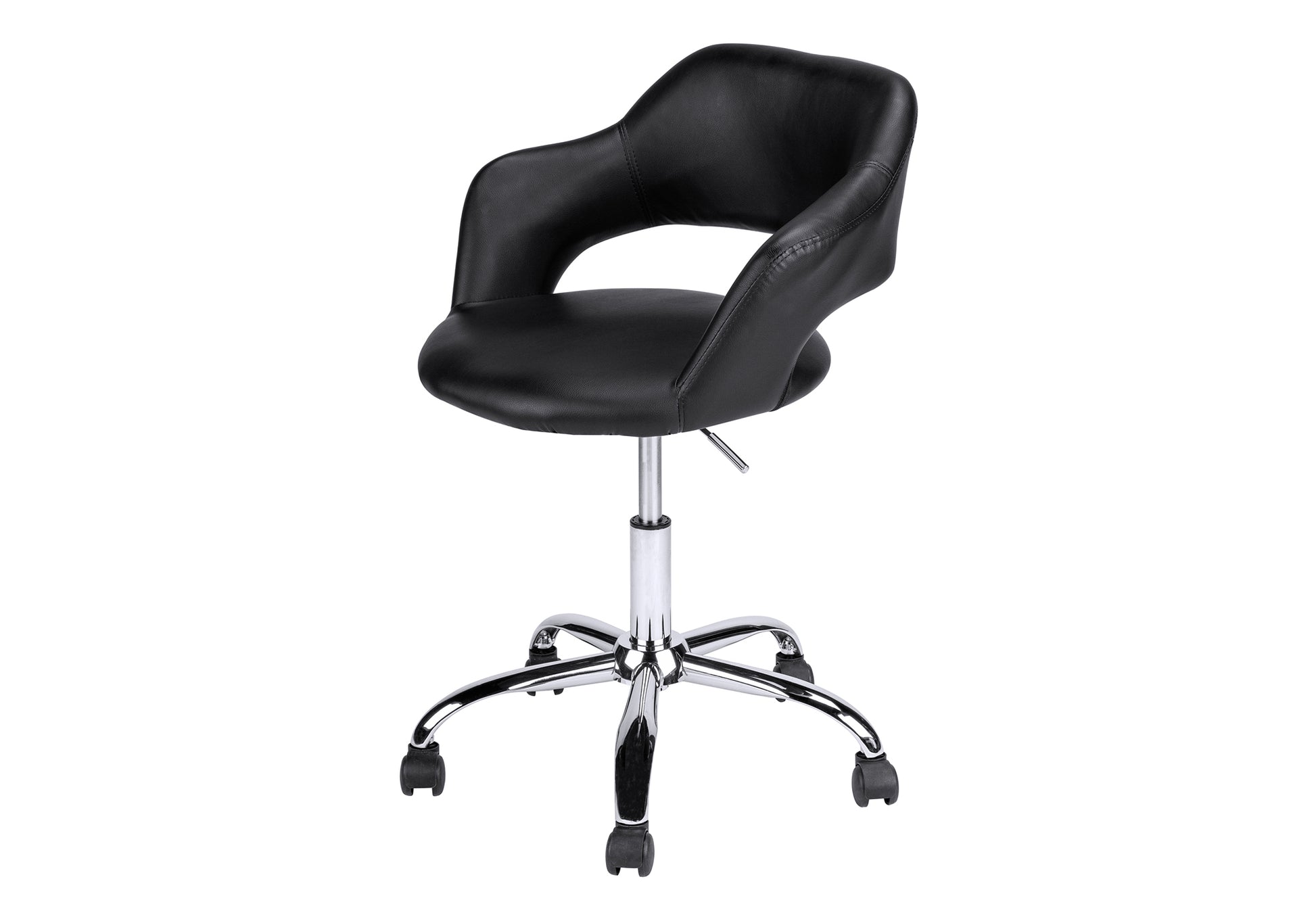 Black faux leather desk chair with chrome base and wheels for home office