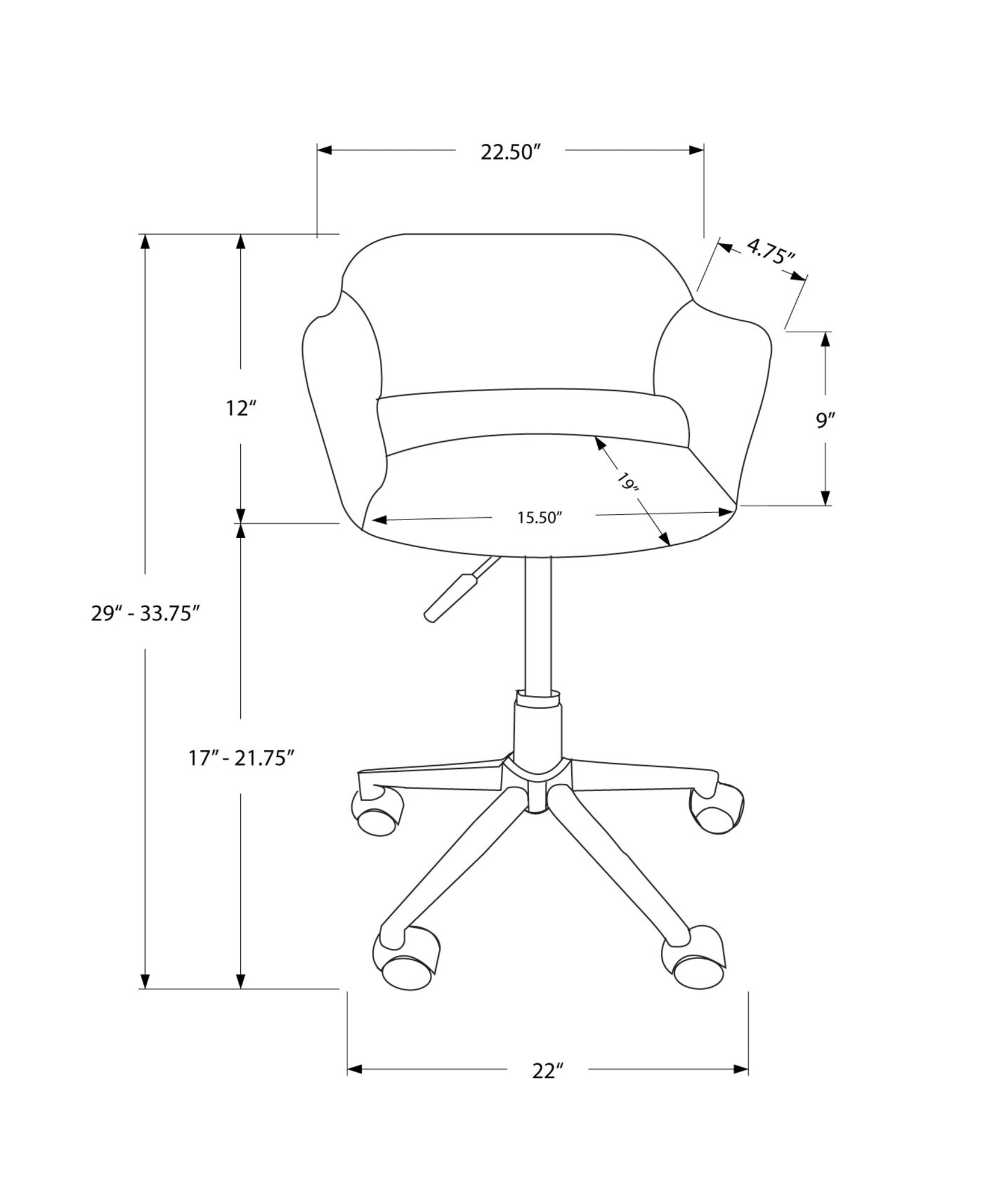 Line drawing of an ergonomic desk chair with adjustable height Dimensions  W  H