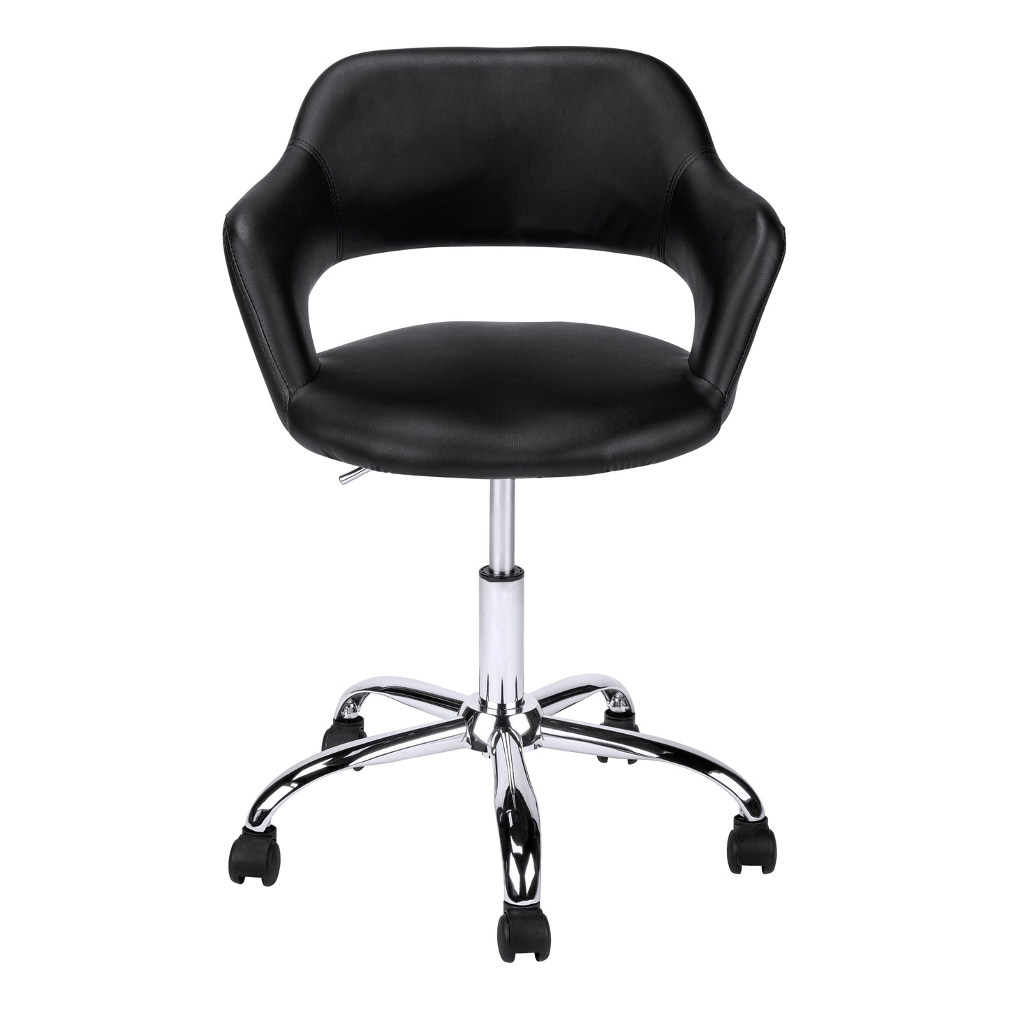 Black faux leather task chair with polished chrome base and wheels for office use