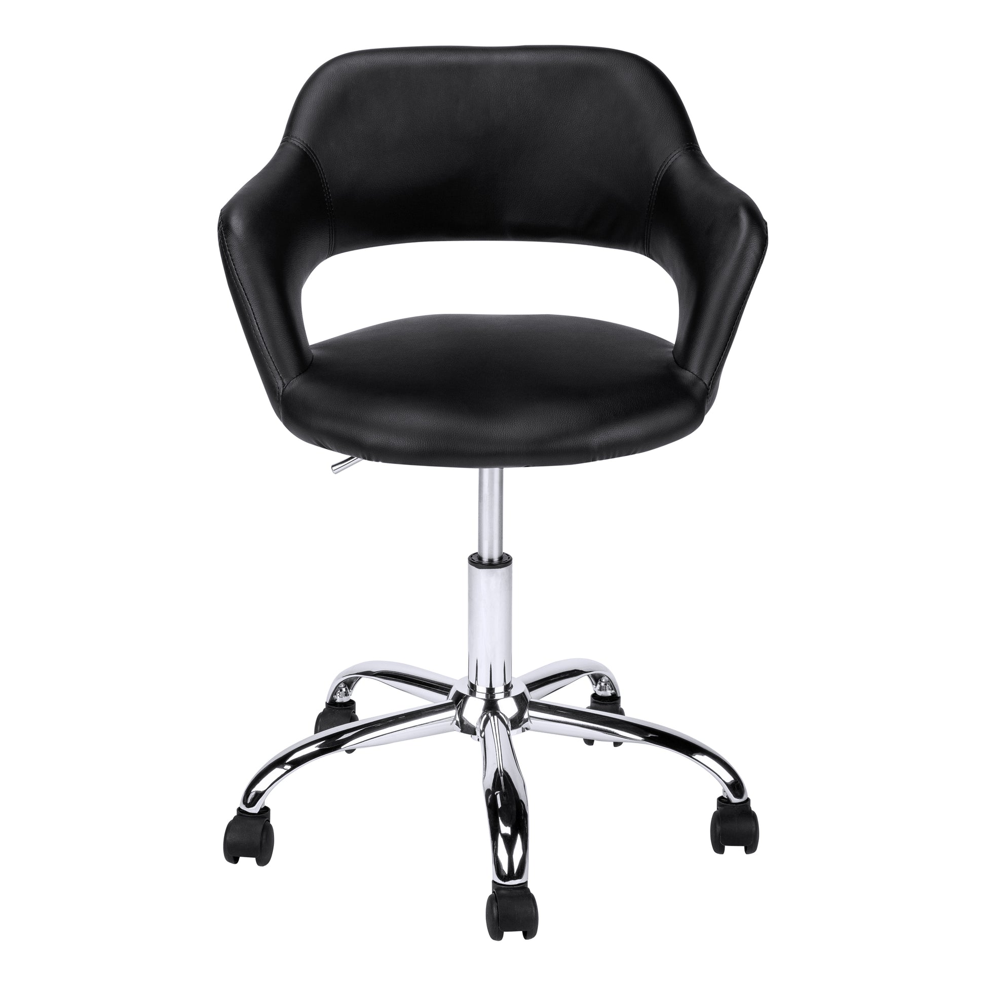 Black faux leather task chair with polished chrome base and wheels for office use