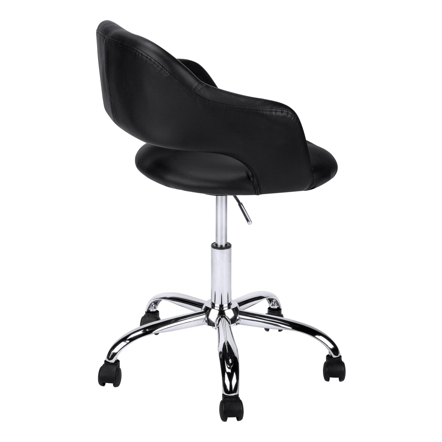 Black faux leather ergonomic office chair with chrome base and wheels