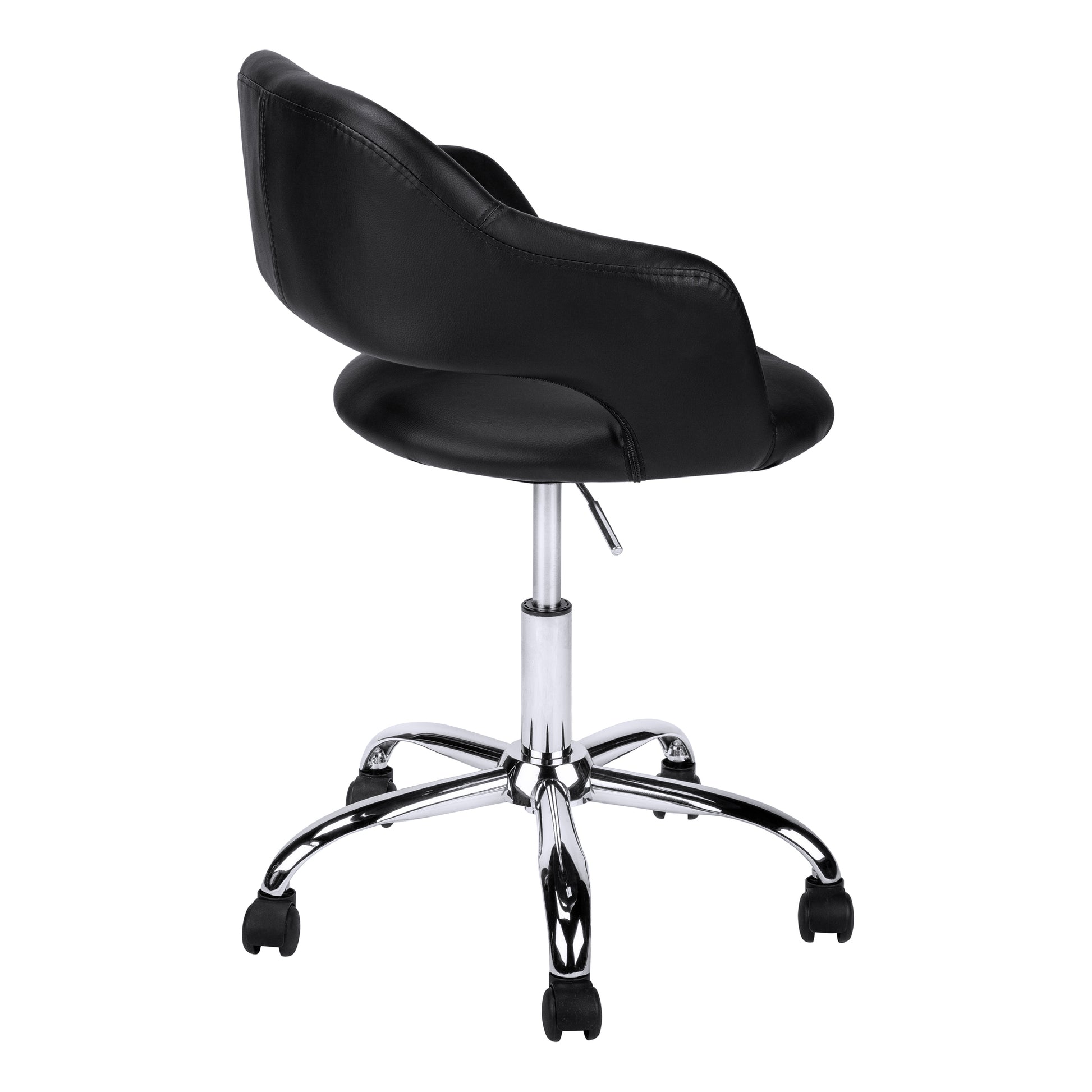 Black faux leather ergonomic office chair with chrome base and wheels