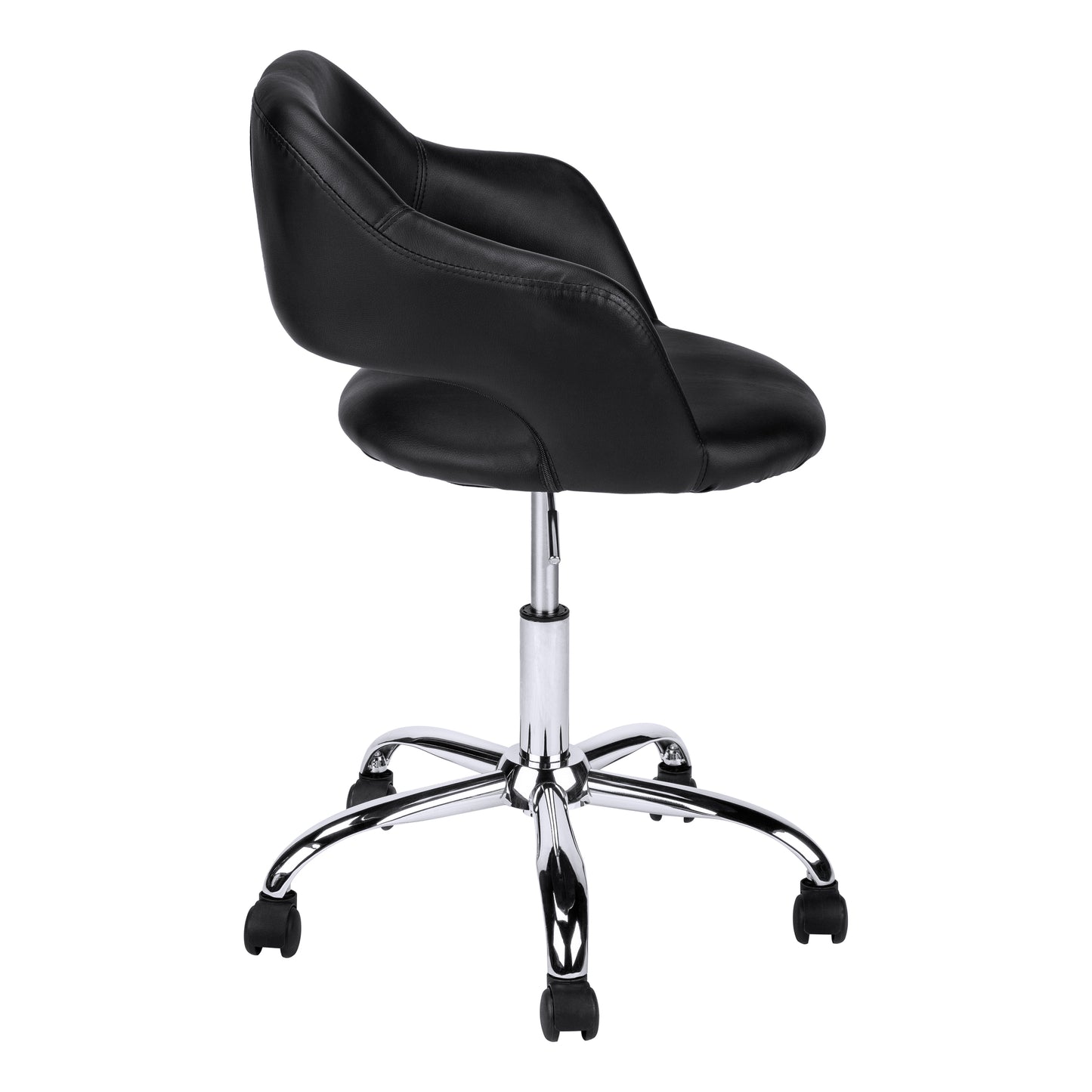 Black faux leather office chair with chrome base and wheels adjustable height