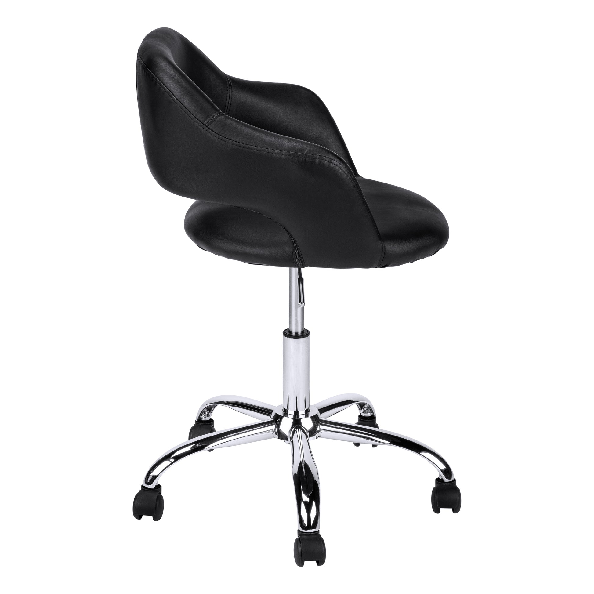 Black faux leather office chair with chrome base and wheels adjustable height