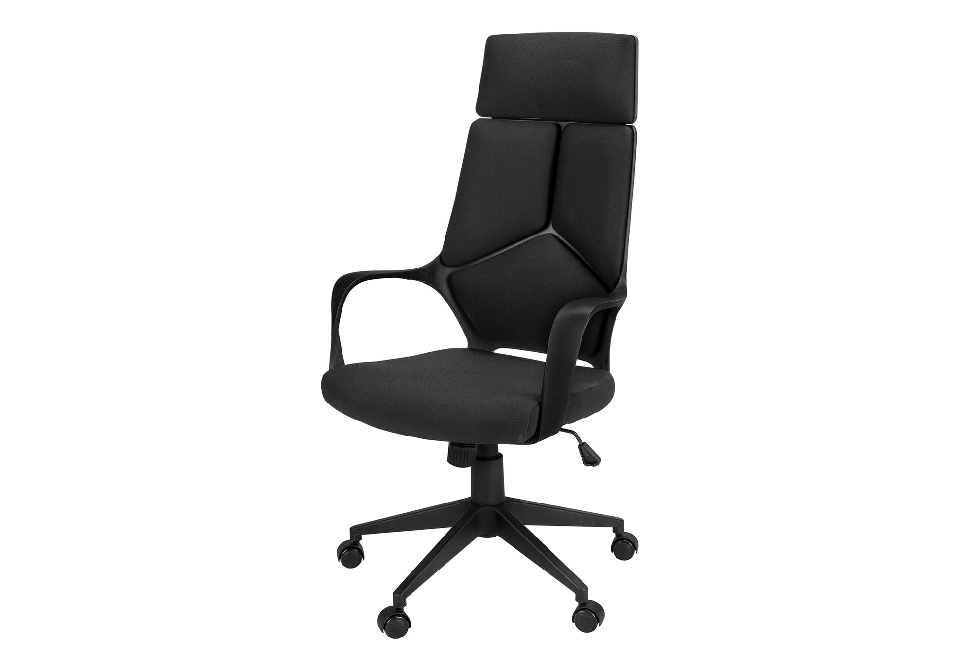 Black fabric executive office chair with high back and padded headrest