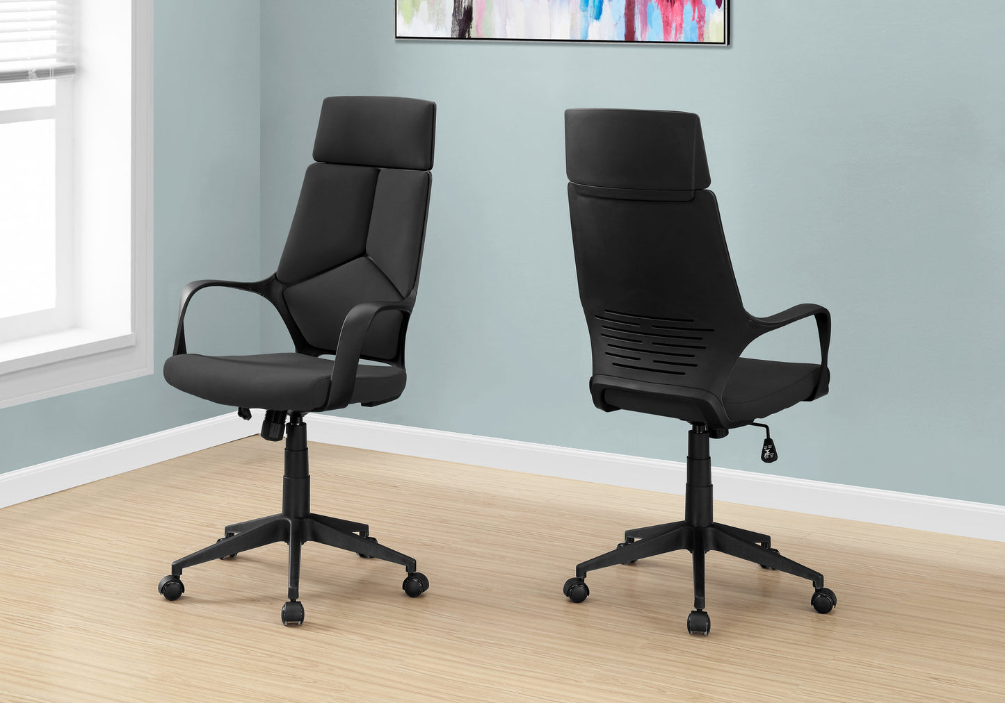 Black executive office chair with adjustable height and lumbar support