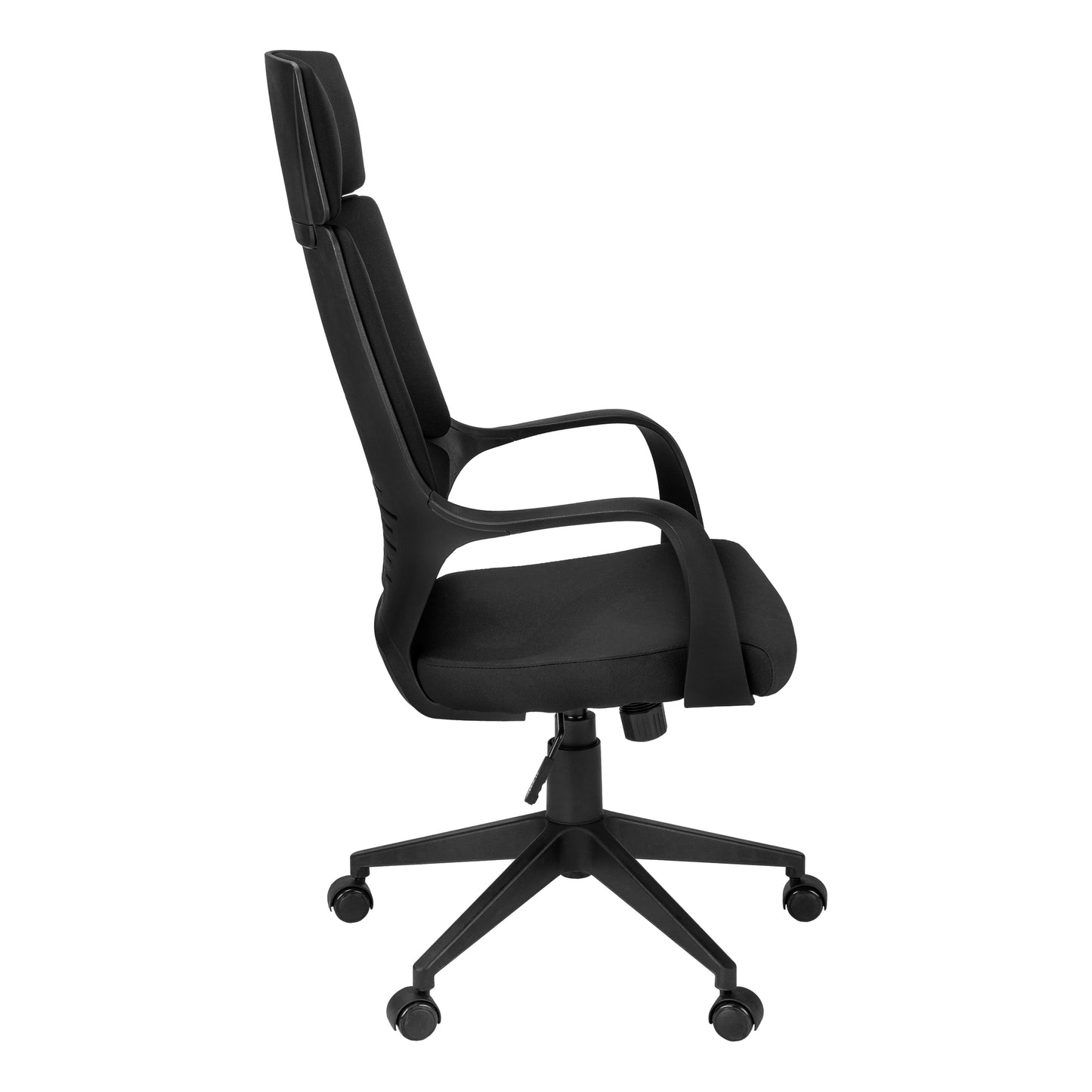 Black ergonomic office chair with adjustable lumbar support and padded headrest for comfort