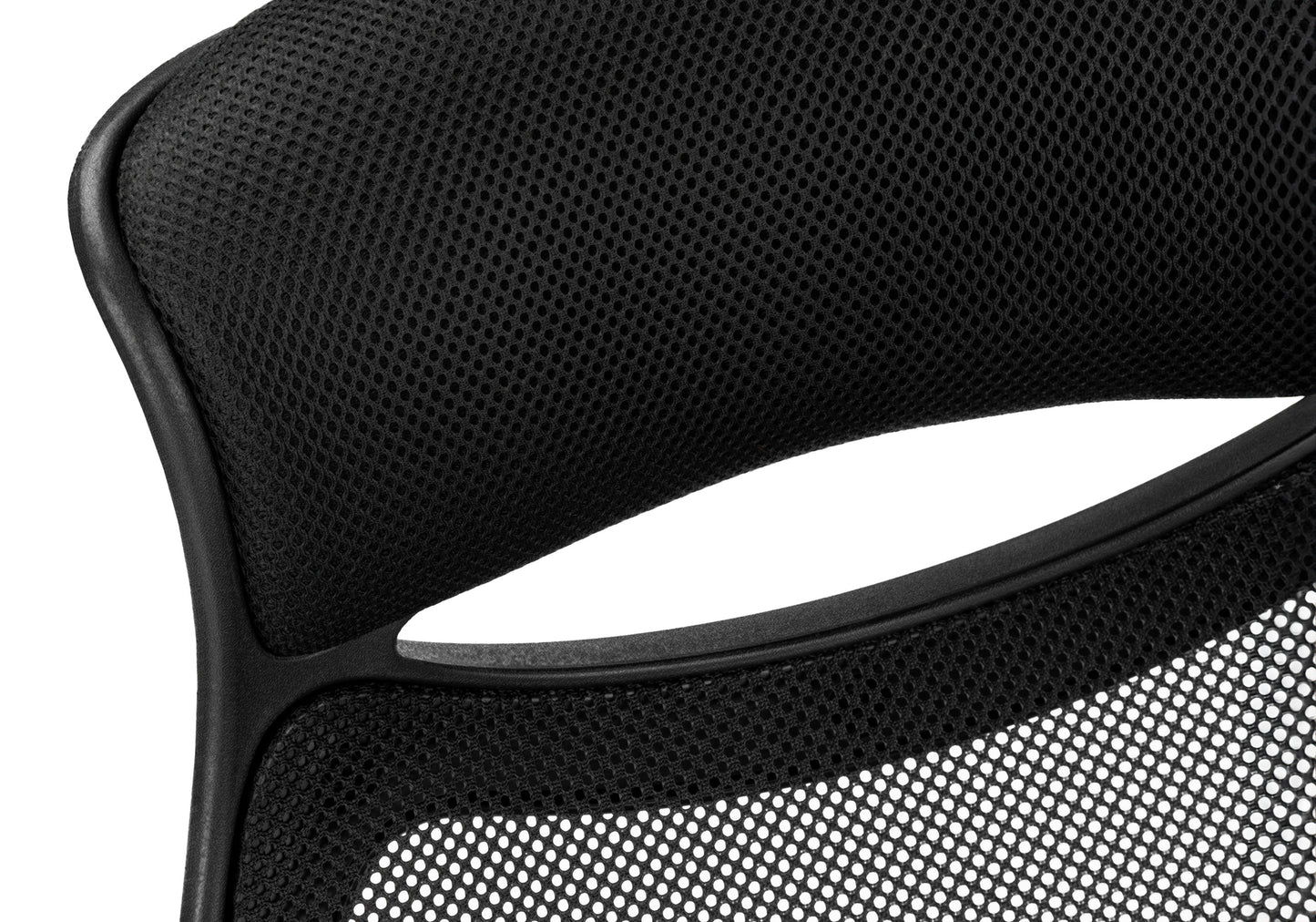 Closeup of black mesh office chair backrest with curved plastic trim