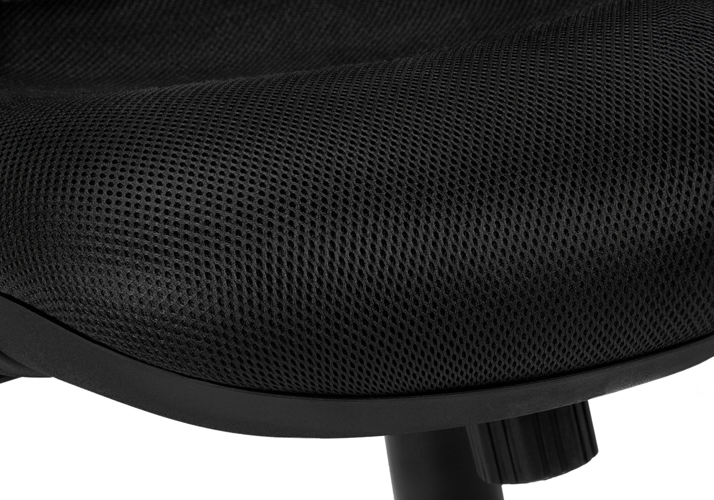 Black mesh office chair seat with breathable weave detail