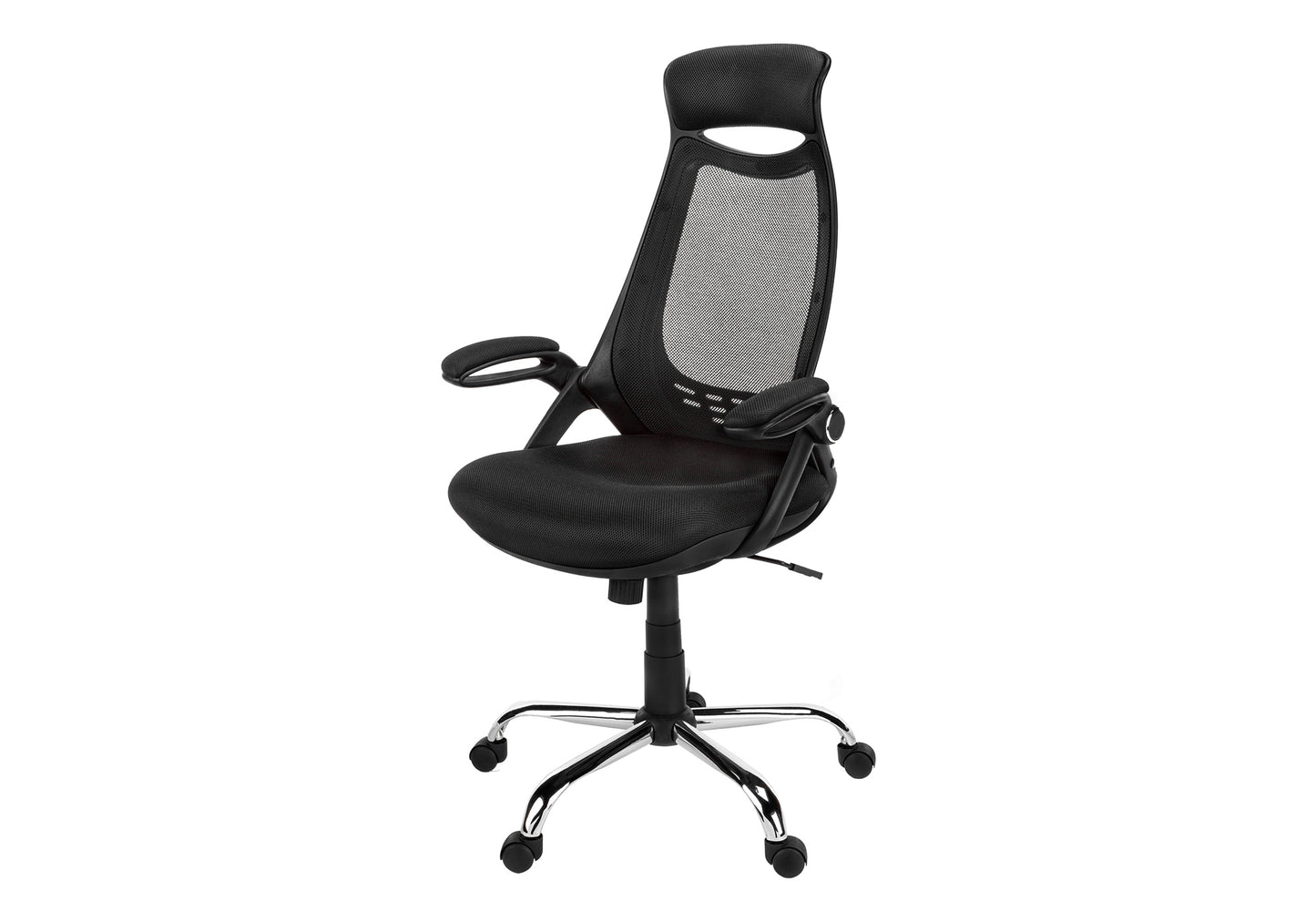 Black ergonomic mesh office chair with adjustable armrests and headrest