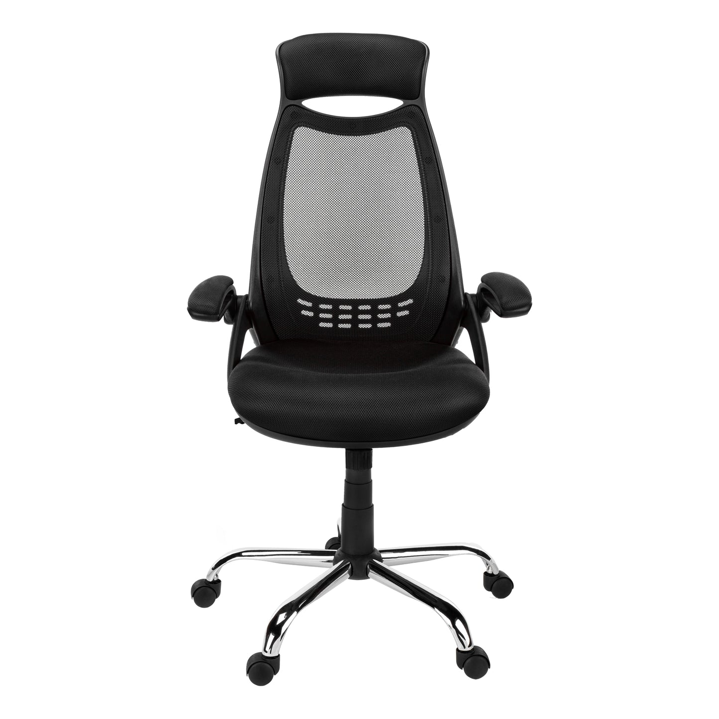 Black mesh office chair with padded headrest and adjustable armrests