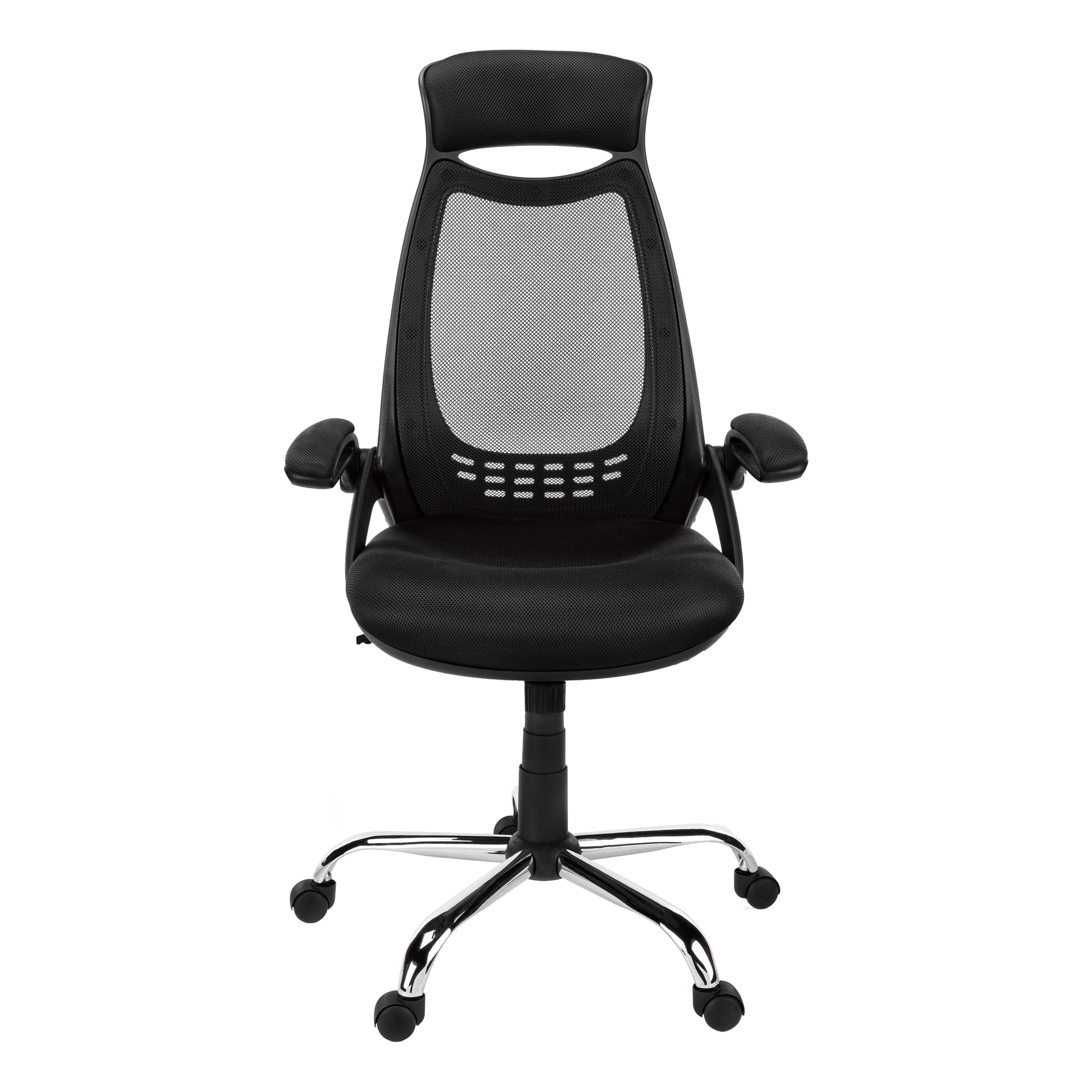 Black mesh office chair with padded headrest and adjustable armrests
