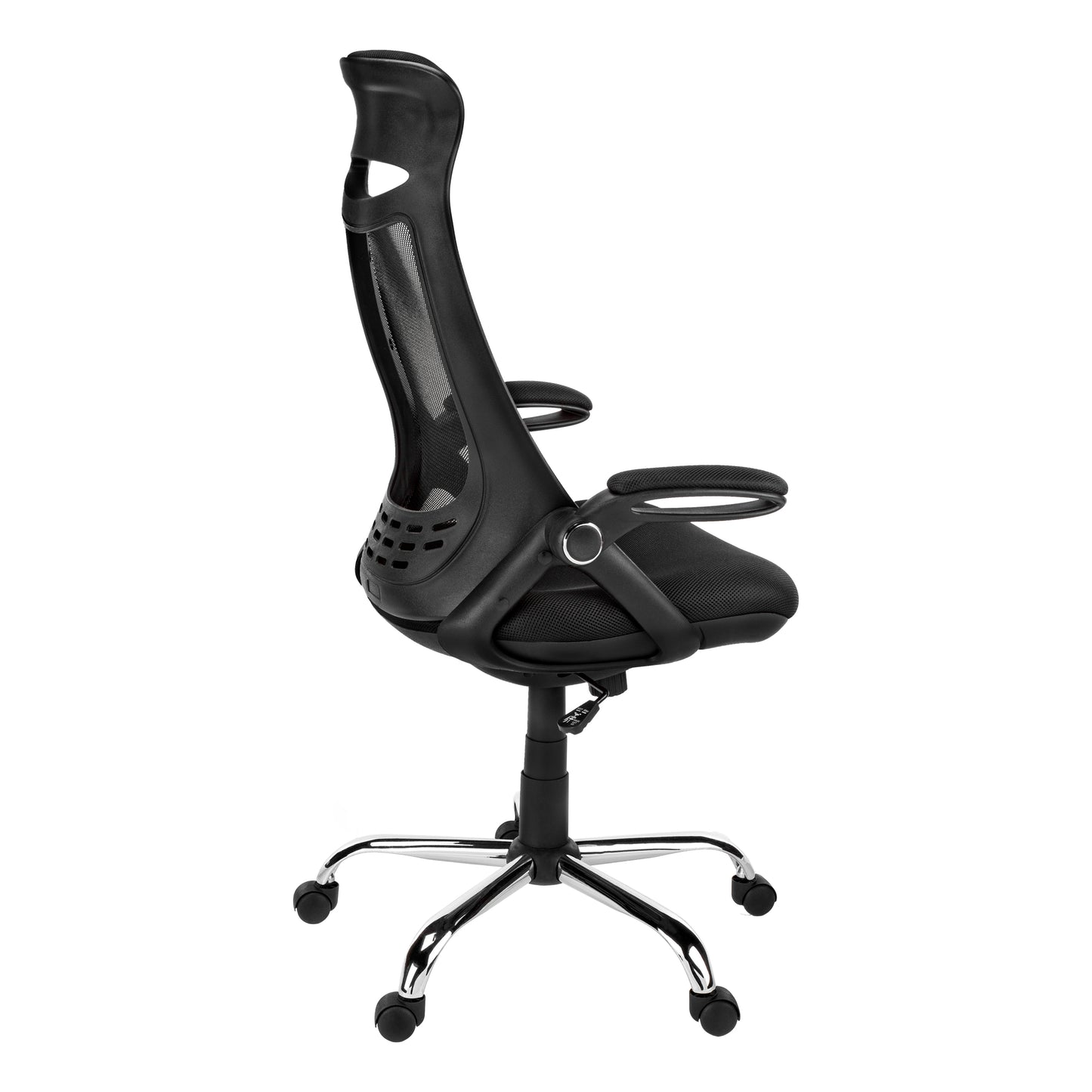 Ergonomic black mesh office chair with adjustable arms and chrome base