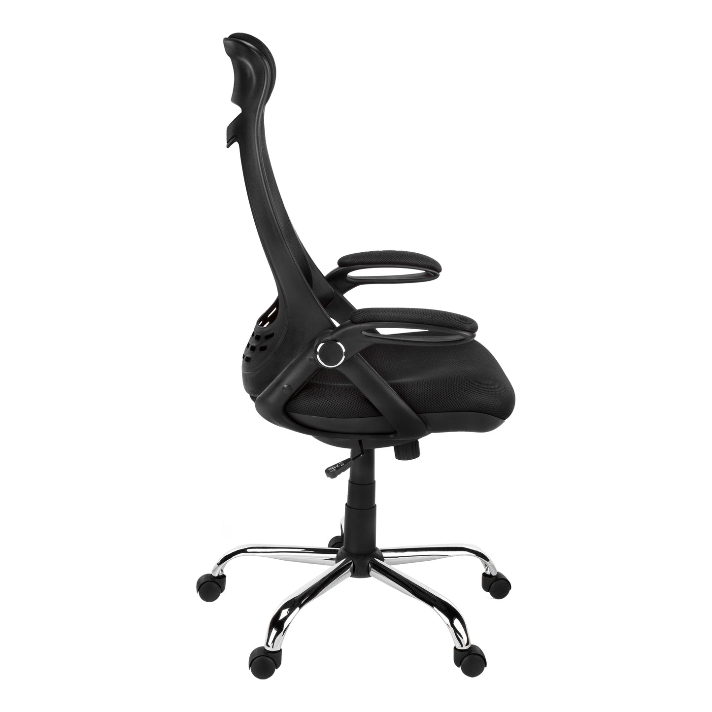 Black mesh office chair with adjustable lumbar support and chrome base