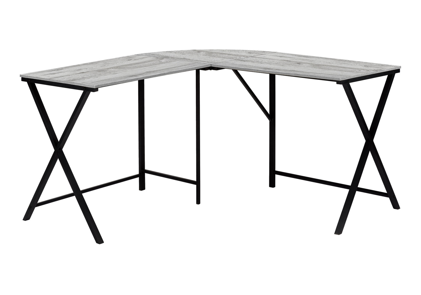 Modern gray woodgrain Lshaped corner desk with black metal Xframe legs