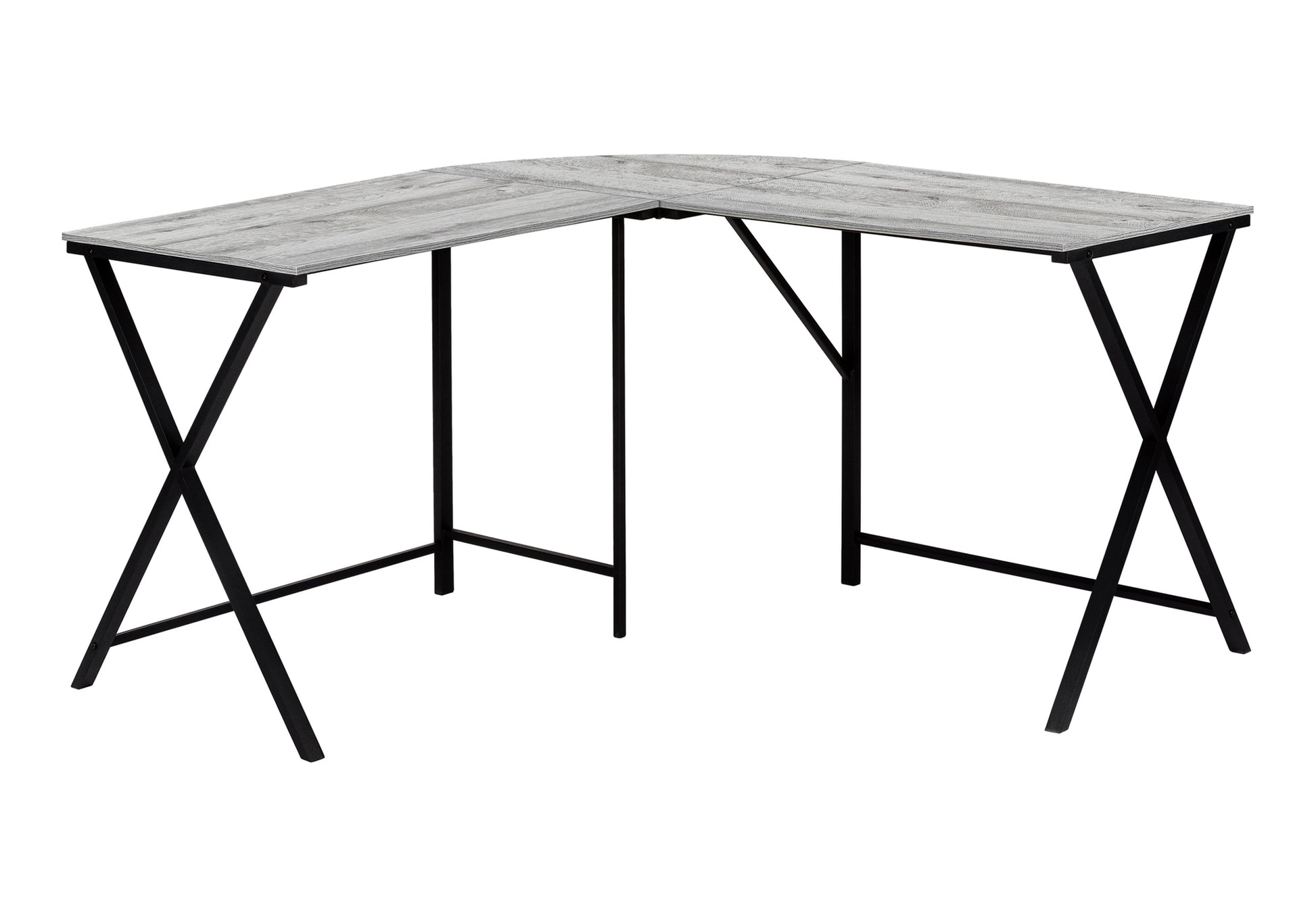 Modern gray woodgrain Lshaped corner desk with black metal Xframe legs