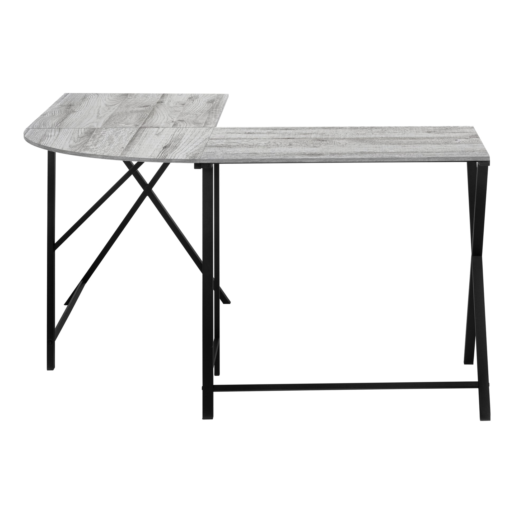 Rustic grey wood Lshaped corner desk with black metal frame ideal for home office use