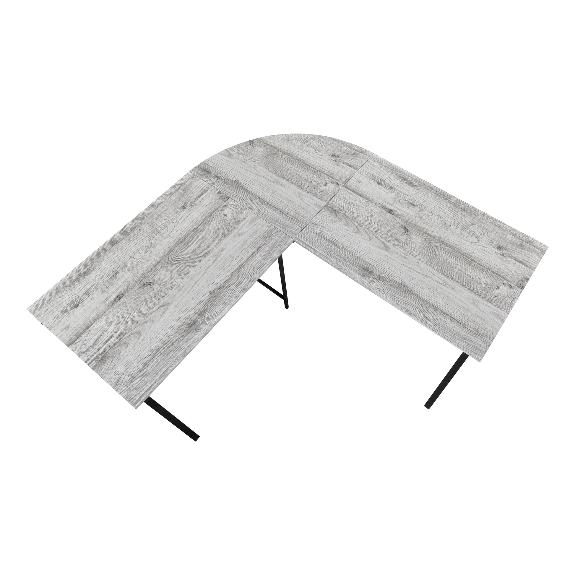 Light grey wood grain Lshaped desk with black metal legs for a home office setup