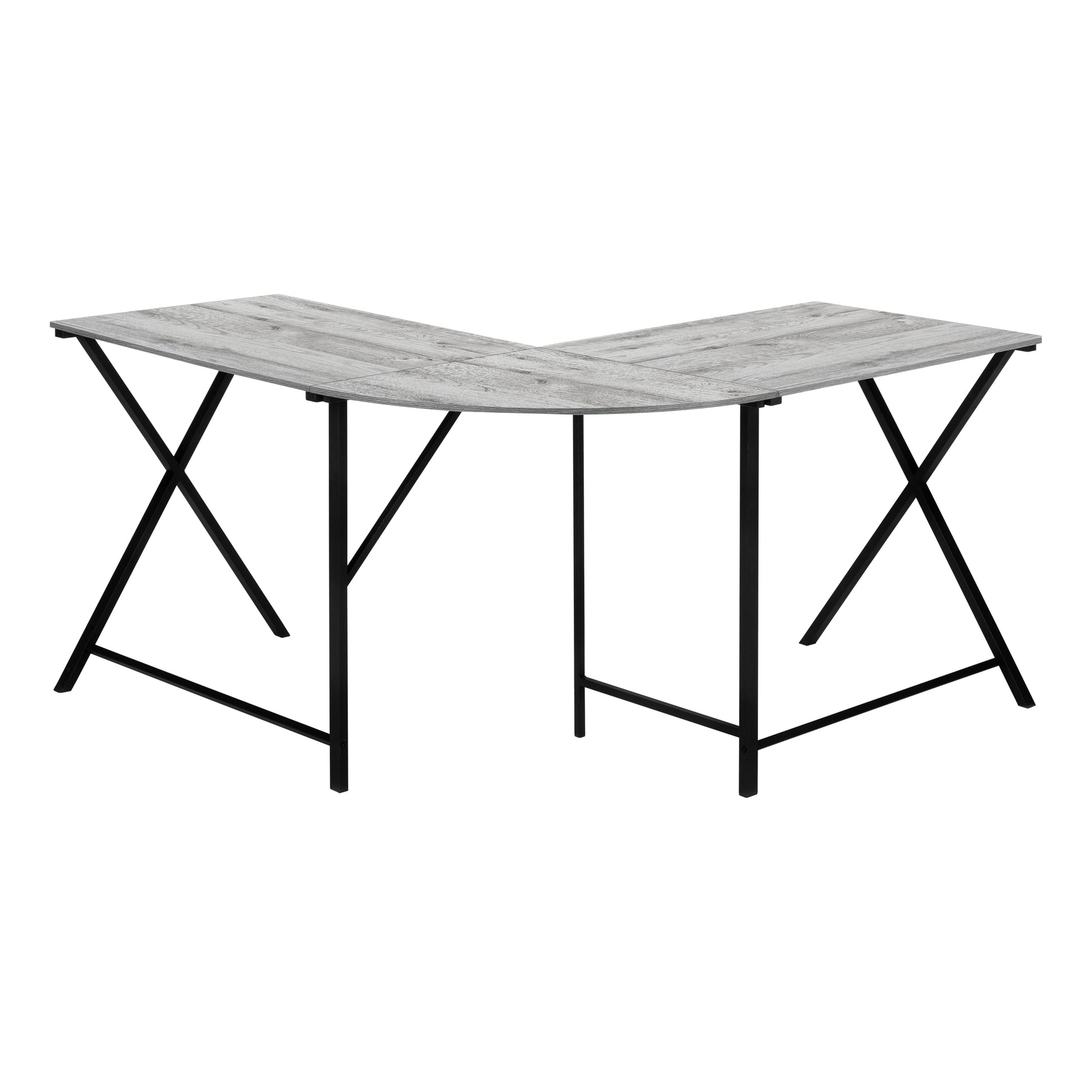 Rustic gray wood Lshaped computer desk with black metal legs