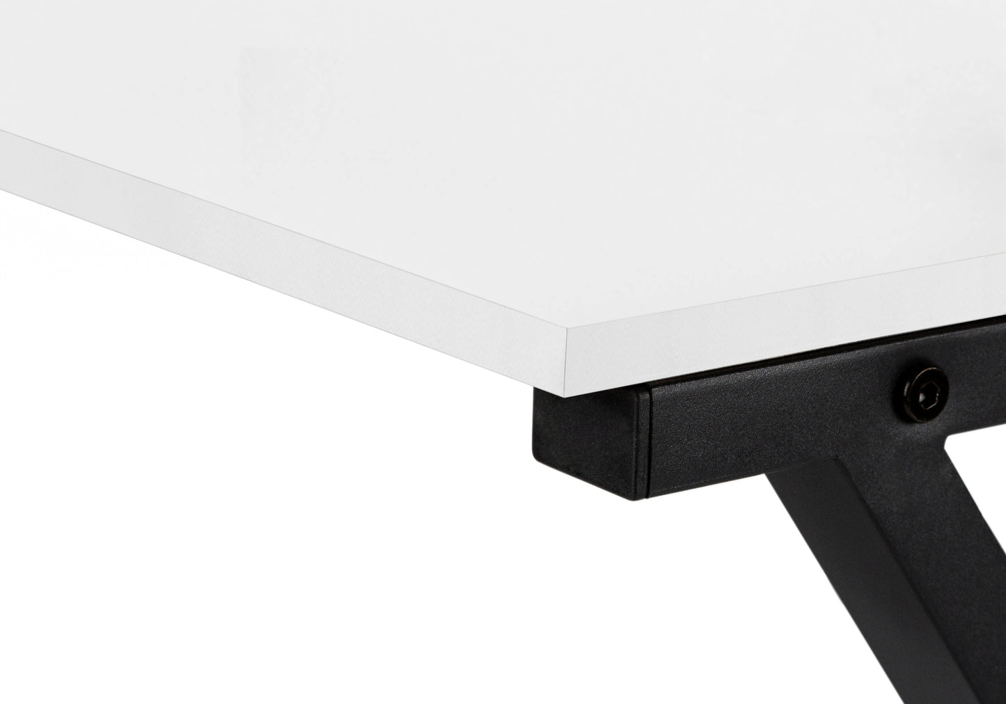 Closeup of a white desktop surface with a black metal frame attachment ideal for a home office desk