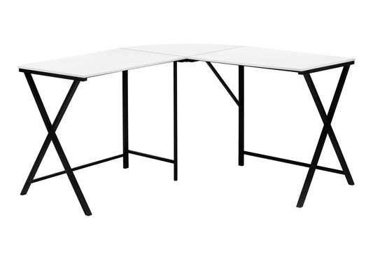 White Lshaped corner desk with a modern black metal frame for a home office