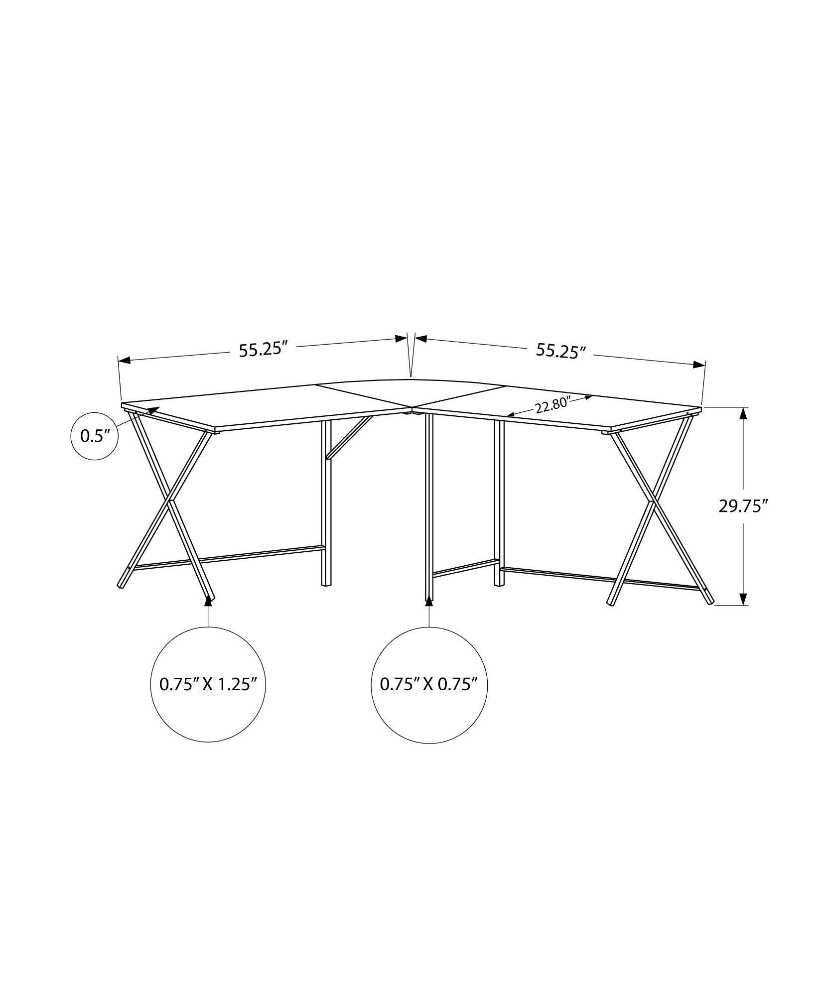 Technical drawing of a modular desk with dimensions for Xshaped legs