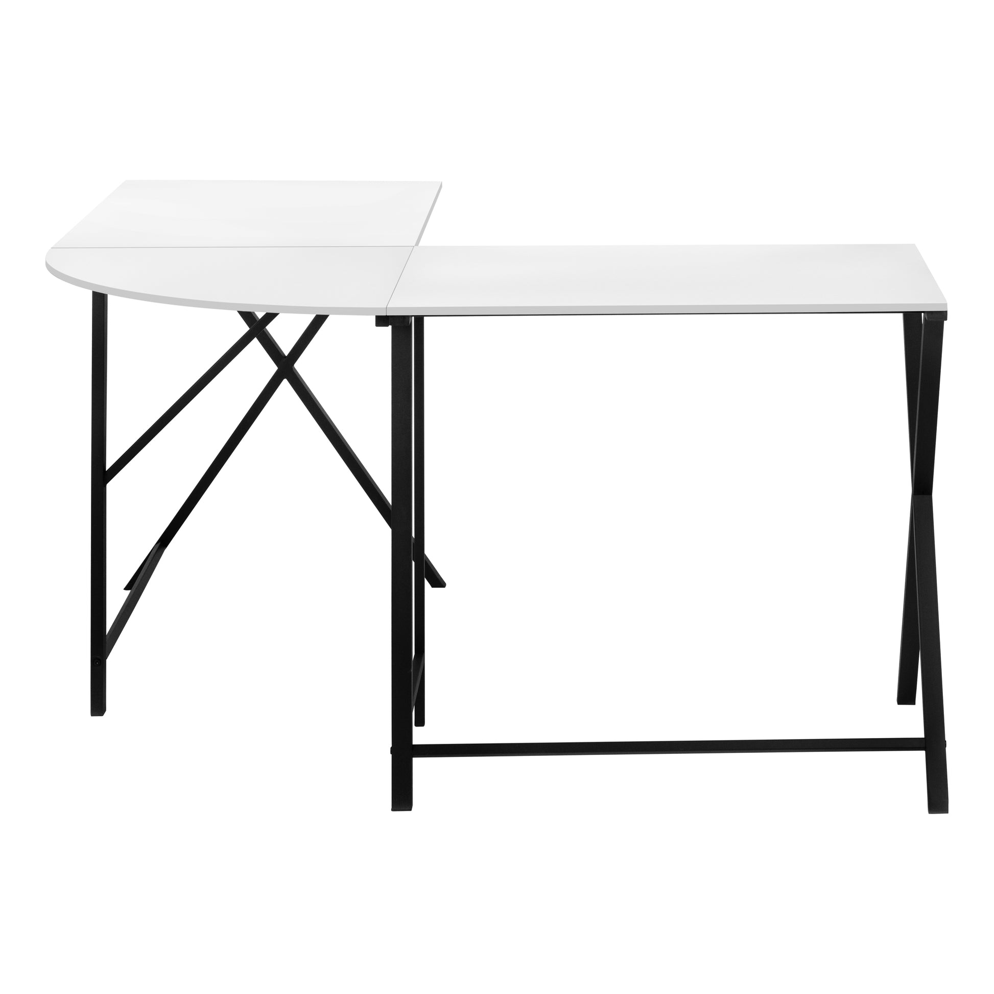 White Lshaped desk with black metal legs perfect for home office setups