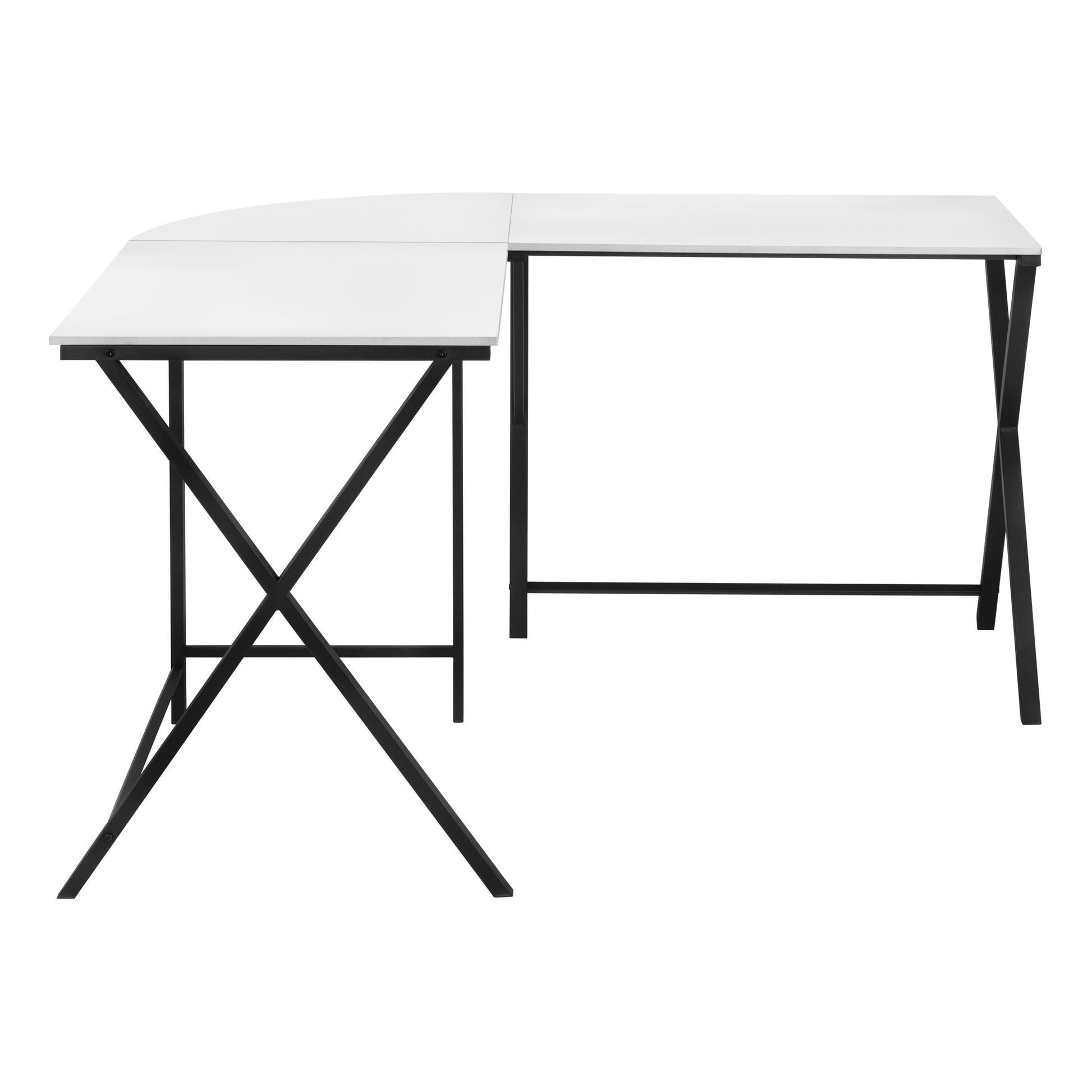Modern white Lshaped desk with black metal frame and minimalist design perfect for home office setups