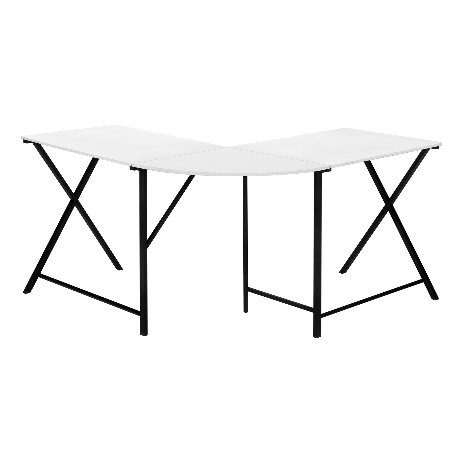 White Lshaped corner desk with modern black metal Xframe legs
