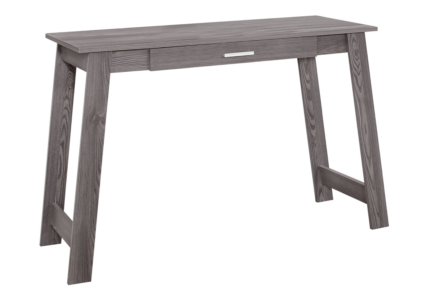 Gray wooden writing desk with one drawer and silver handle
