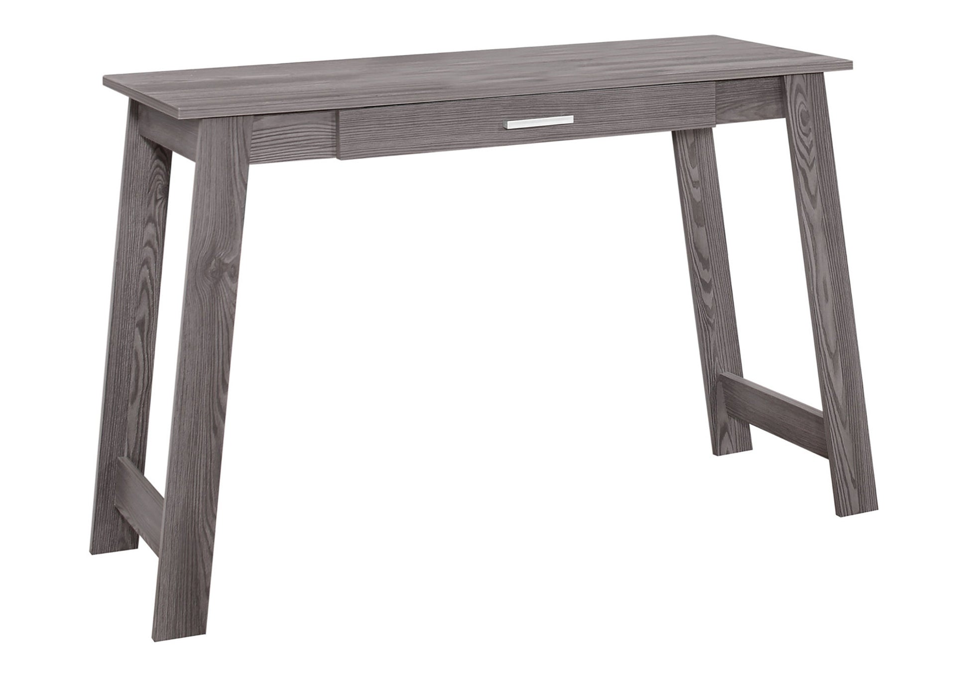Gray wooden writing desk with one drawer and silver handle