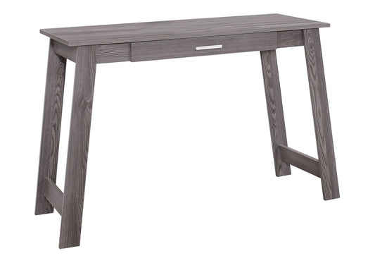 Gray wooden writing desk with one drawer and silver handle