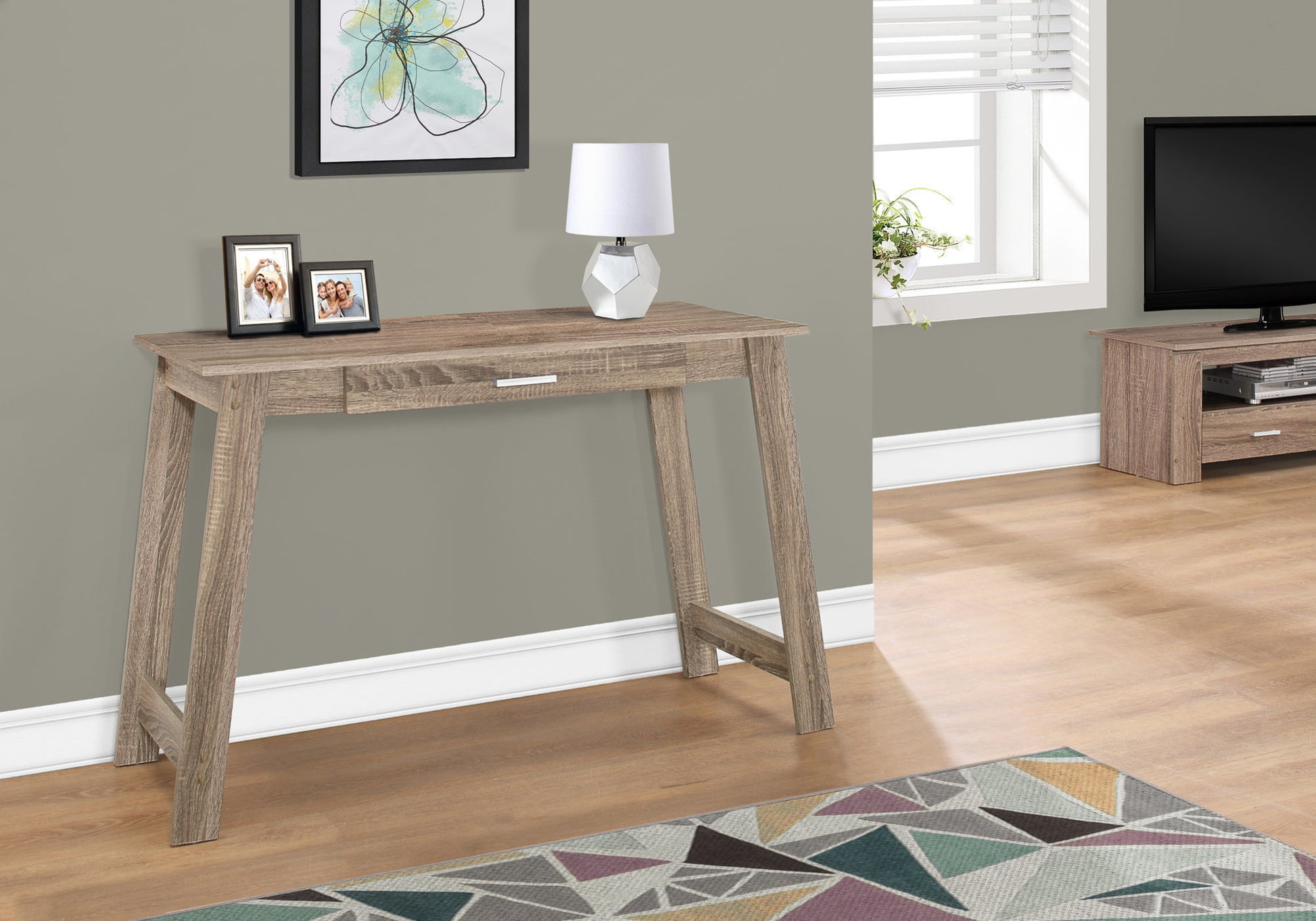 Rustic wood entryway console table with single drawer and geometric metal lamp