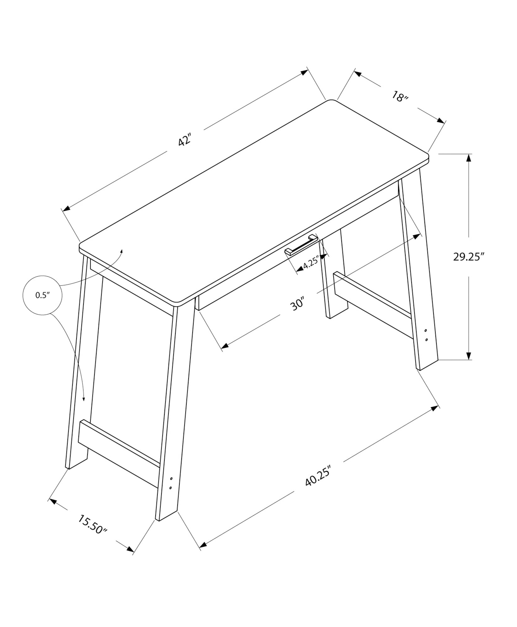 Architectural drawing of a inch modern writing desk with drawer inch depth