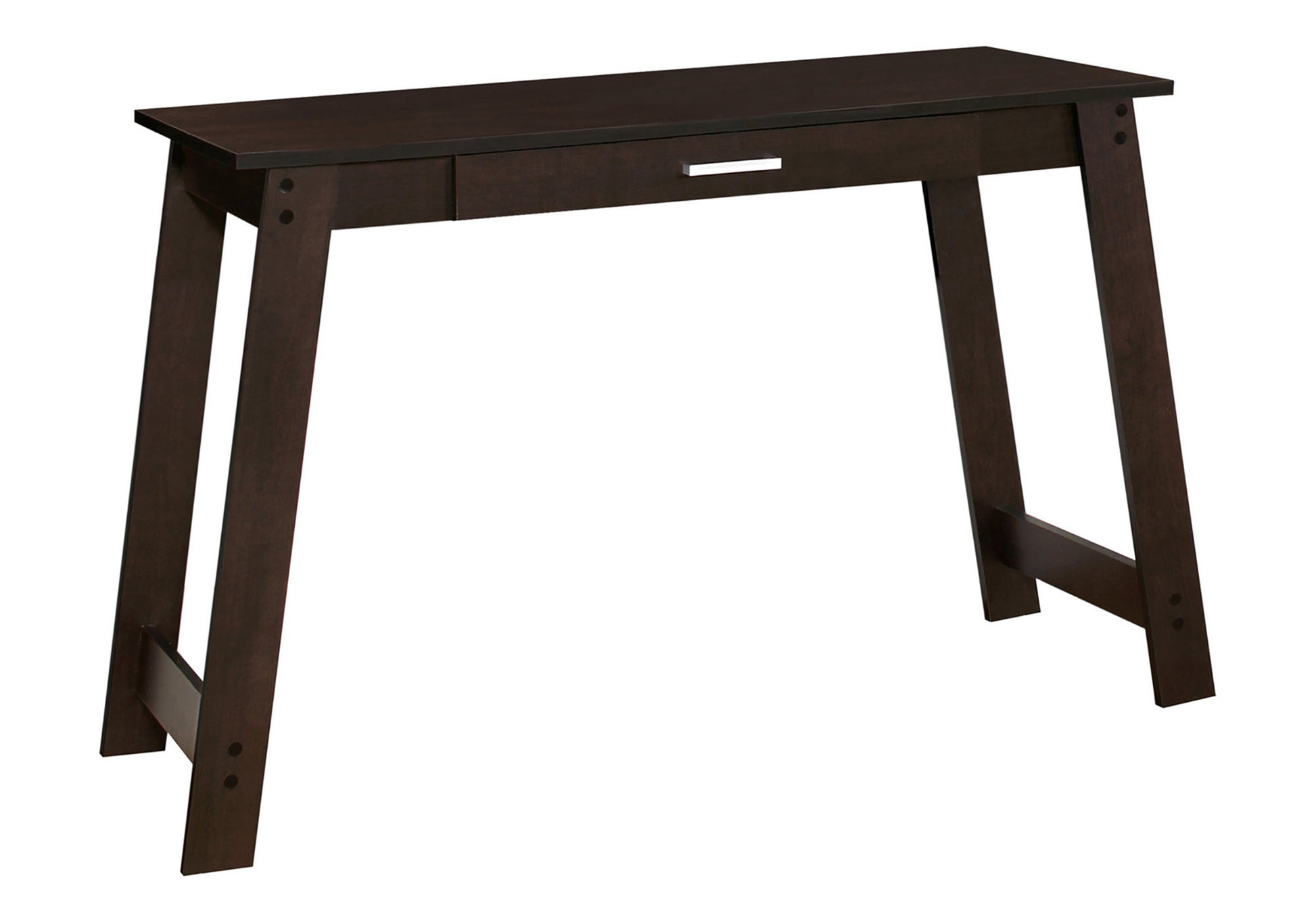 Dark brown wooden console table with slender legs and a single drawer