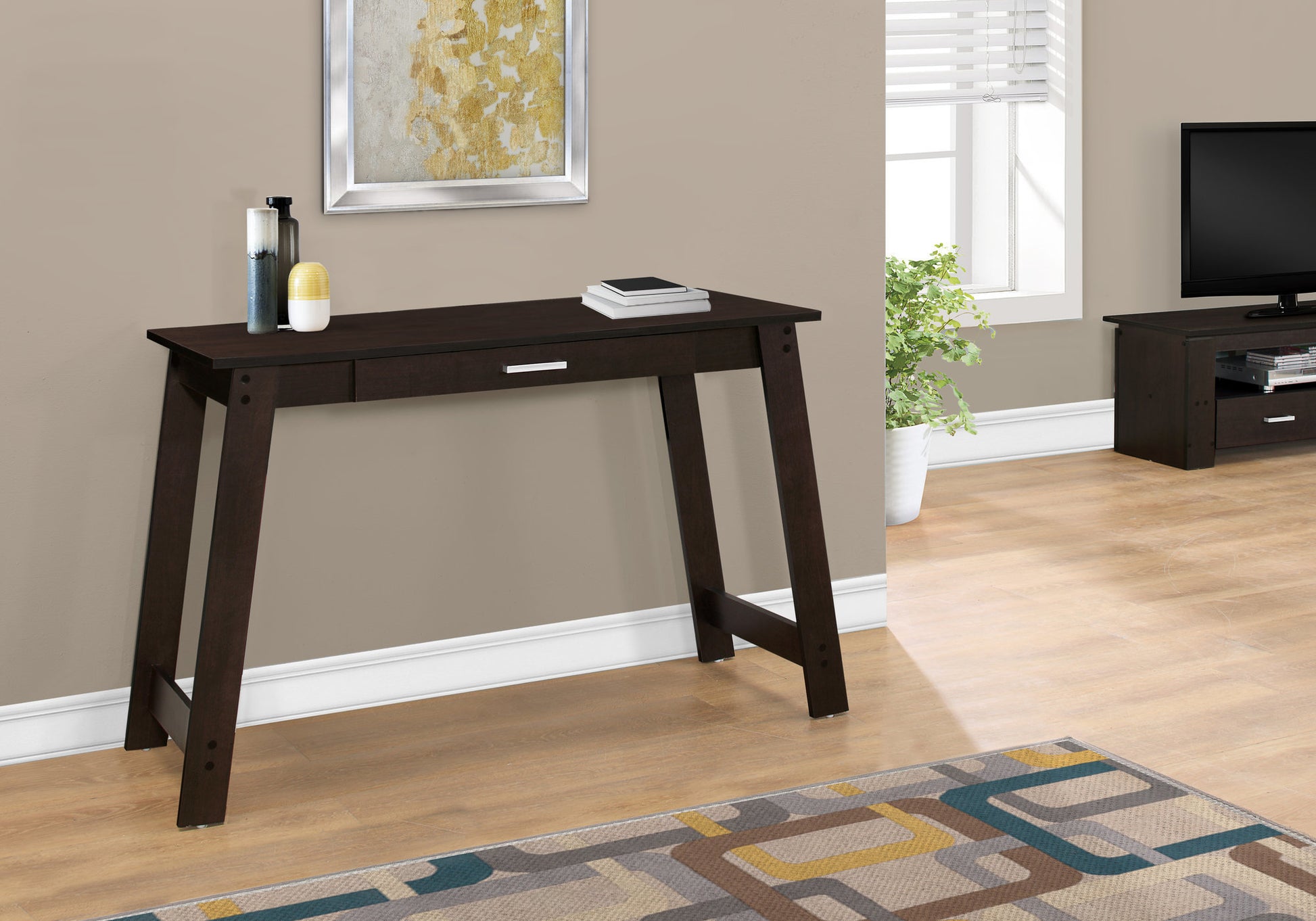 Dark espresso console table with a single drawer and silver pull