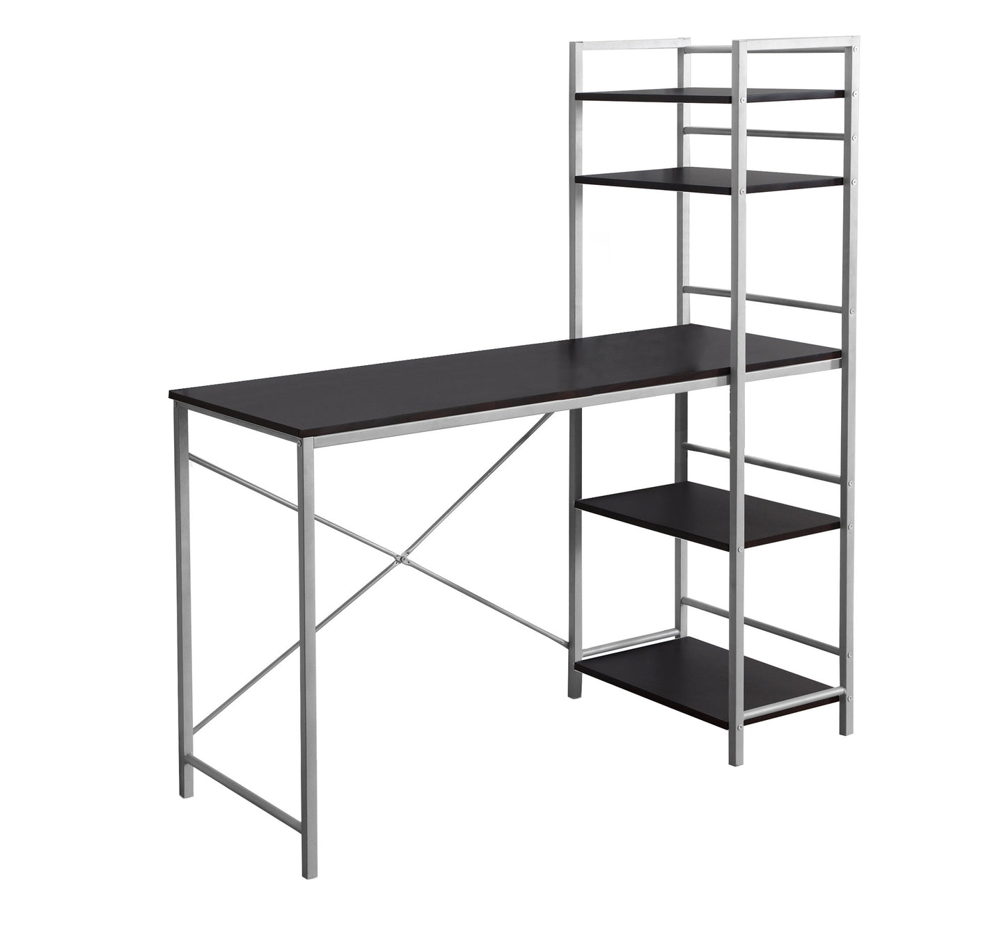 Minimalist desk with dark wood top and silver metal frame with integrated shelving unit