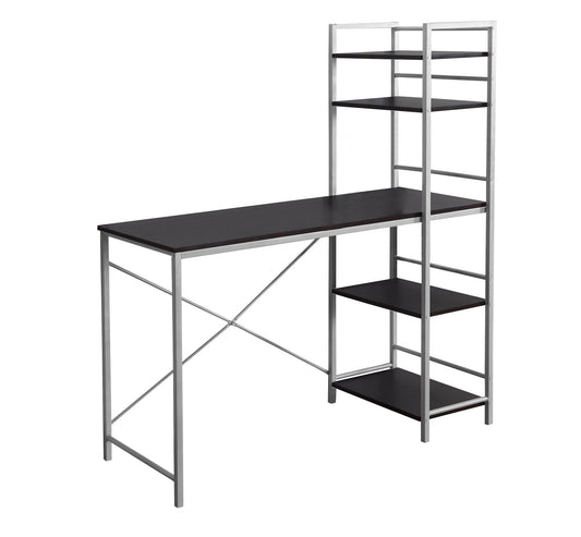 Minimalist desk with dark wood top and silver metal frame with integrated shelving unit