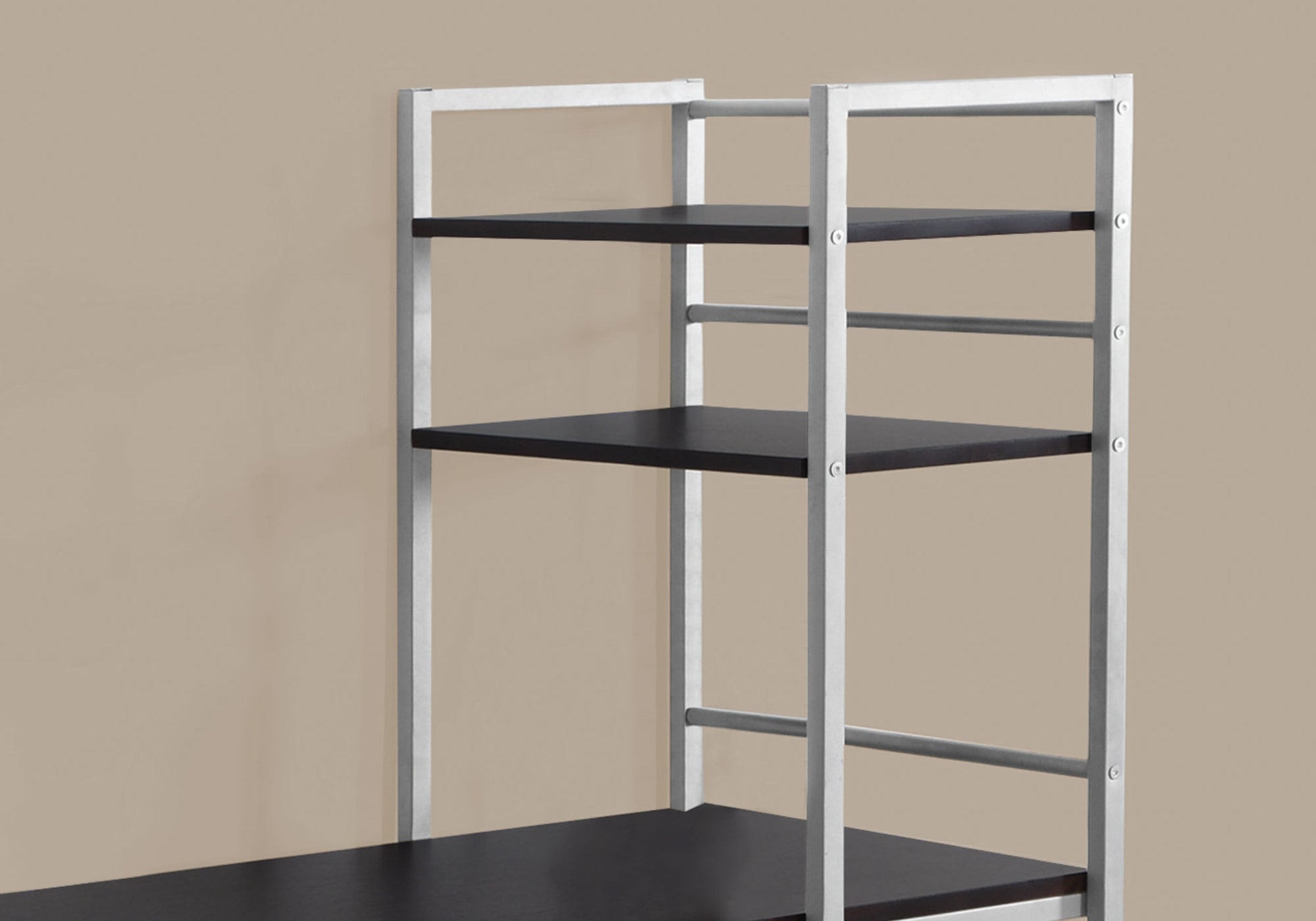 Minimalist silver metal frame with dark wood shelves modern shelving unit