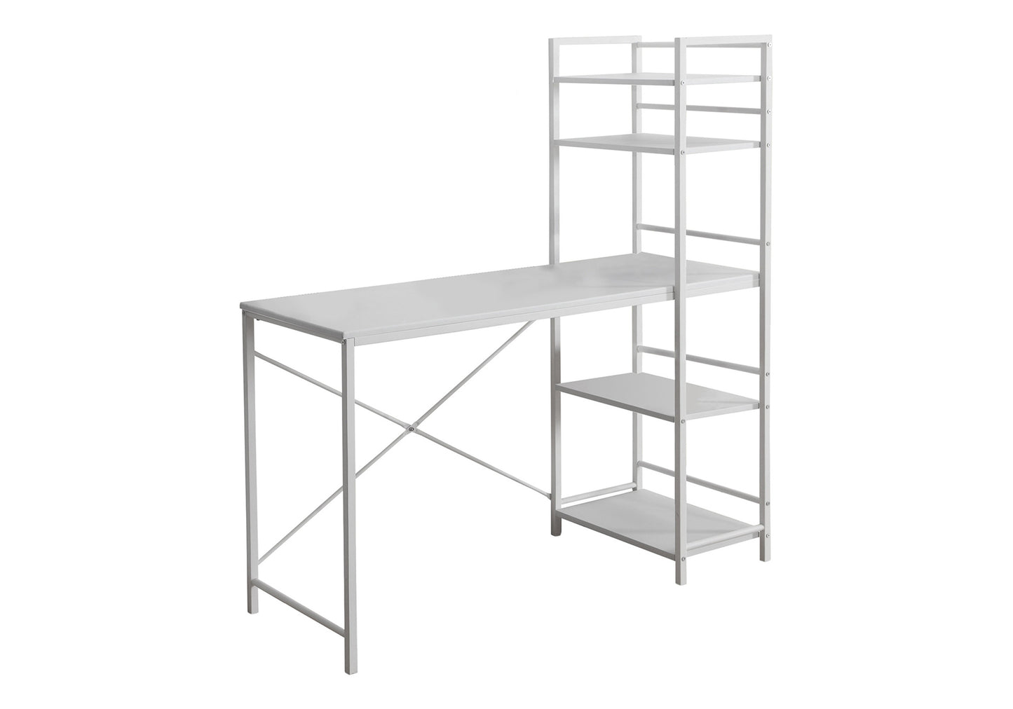 White metal desk with integrated shelving unit for modern home office