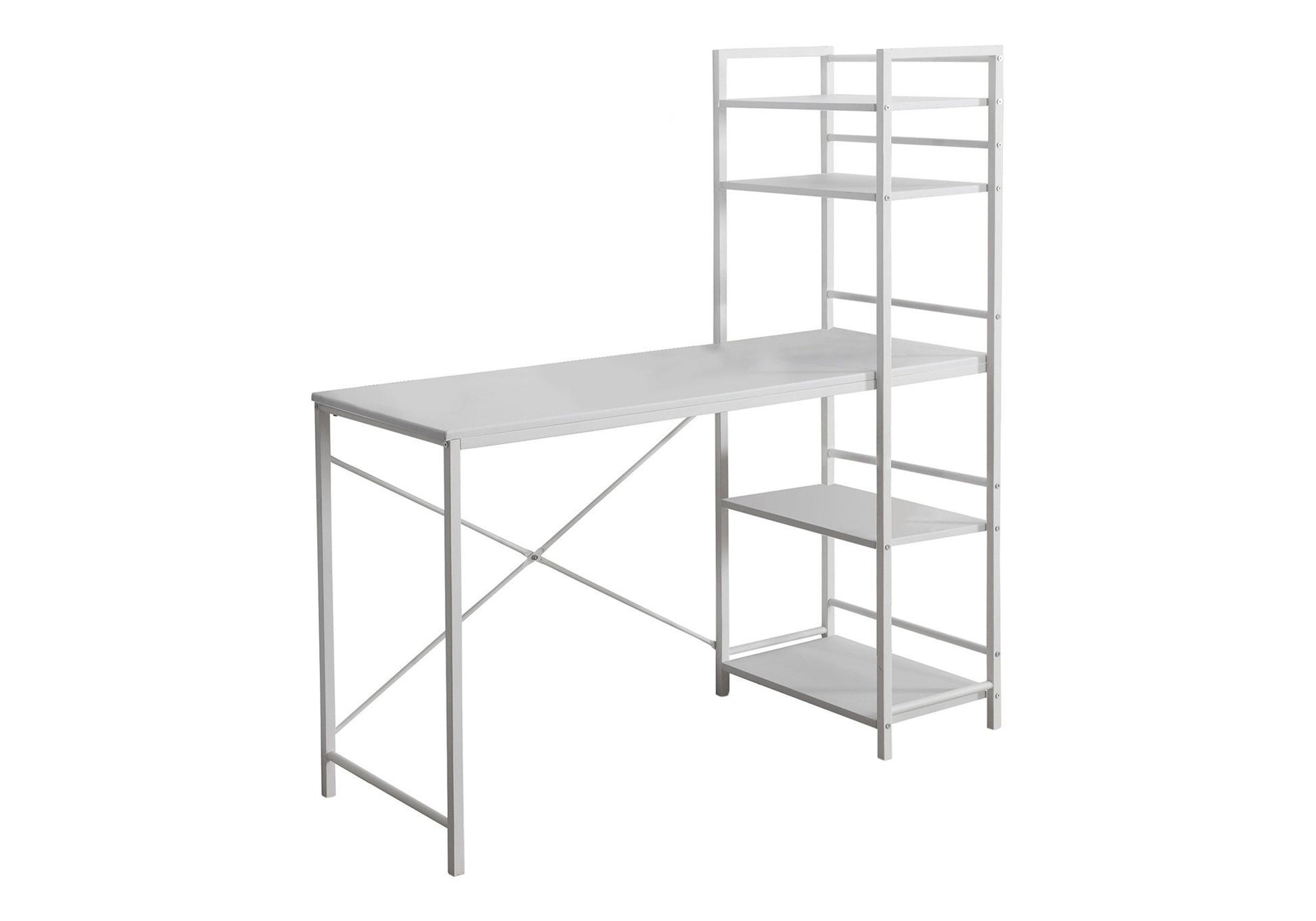 White metal desk with integrated shelving unit for modern home office
