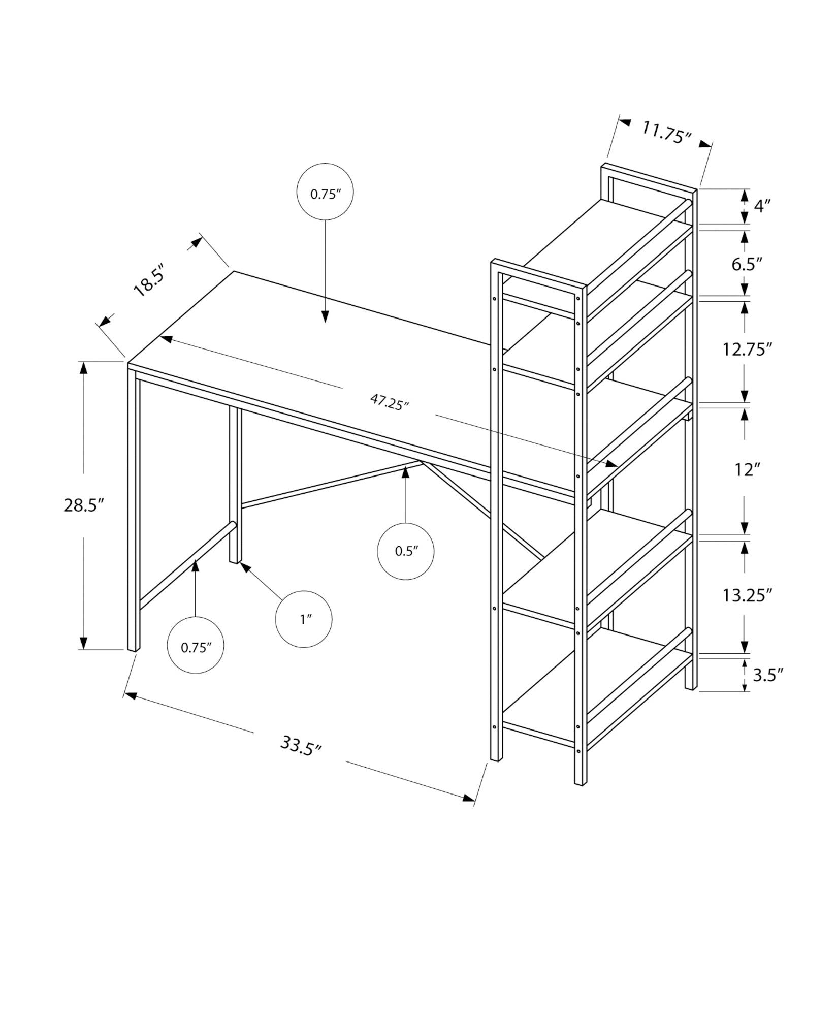 Diagram of a metal desk with integrated shelving unit showing dimensions for each component