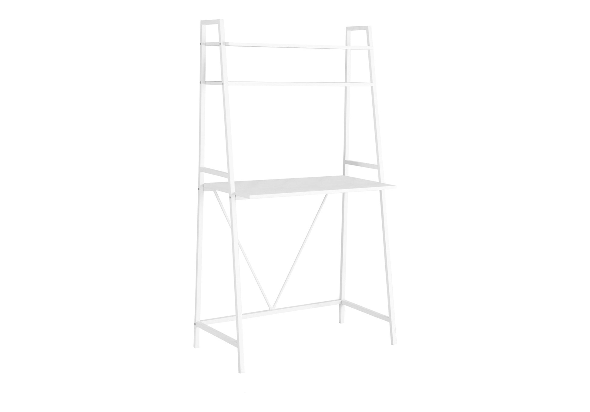 White metal ladder desk with two shelves and a writing surface
