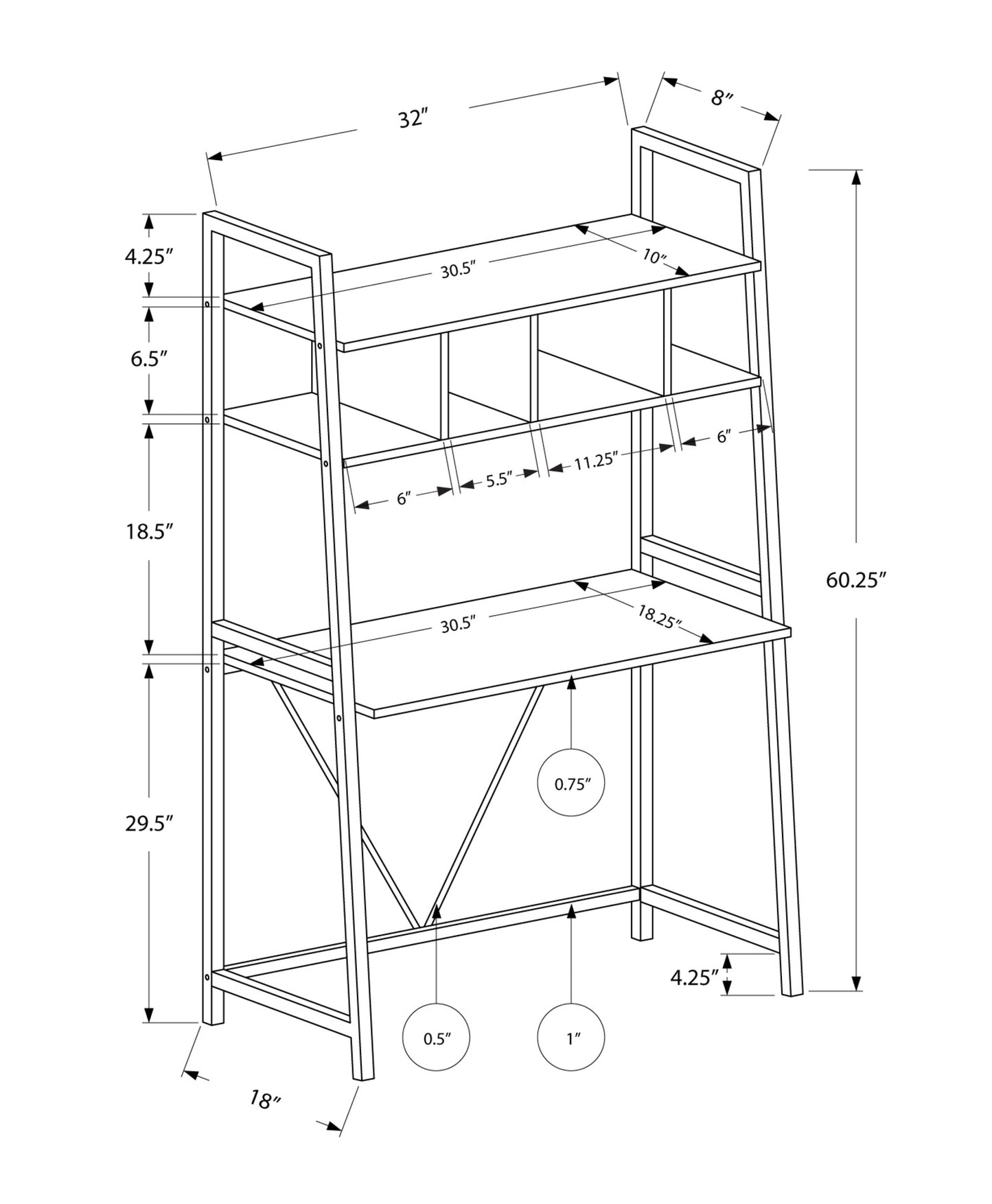 Blueprint schematic for a white ladder desk with dimensions for shelf height width and depth